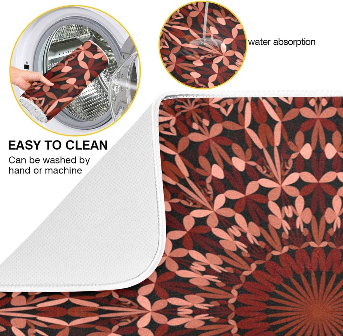 Super Absorbent Dish Drying Mat, Microfiber Fast-Drying Dish Mat, 24" x 18", Kitchen Dish Drying Pad, Mandala Maroon Boho