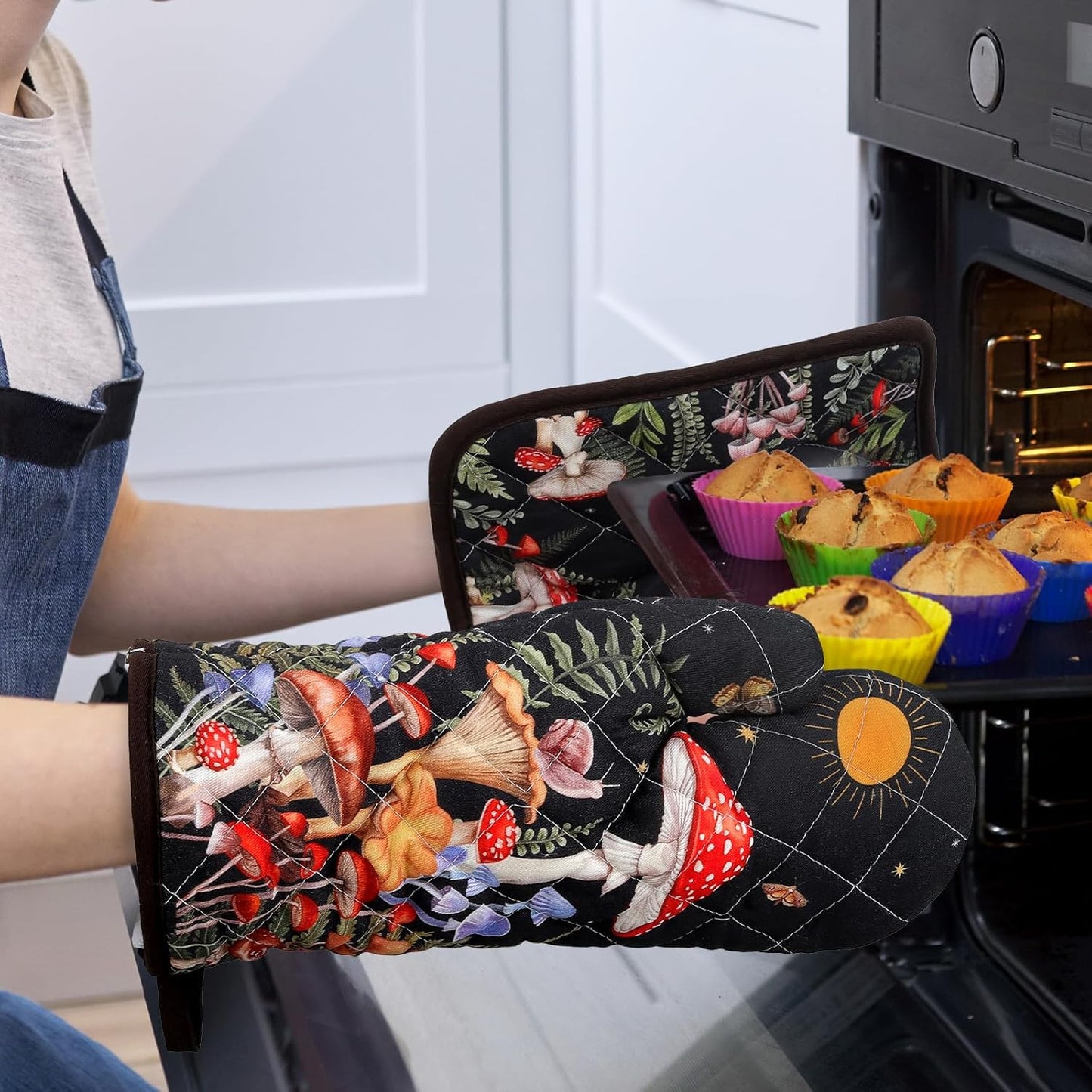 Mushroom Grass Oven Mitts and Pot Holders Sets 4Pcs, 100% Cotton Heat Resistant, Extra Long Oven Gloves Potholder for Kitchen Cooking Baking Decoration