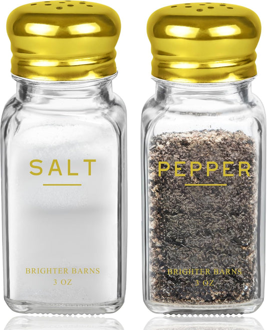 Gold Salt and Pepper Shakers Set by Brighter Barns - Gold Kitchen Decor & Accessories - Neutral Minimal Decor - Modern Glass Shakers with Stainless Steel Lids for Home, Restaurants