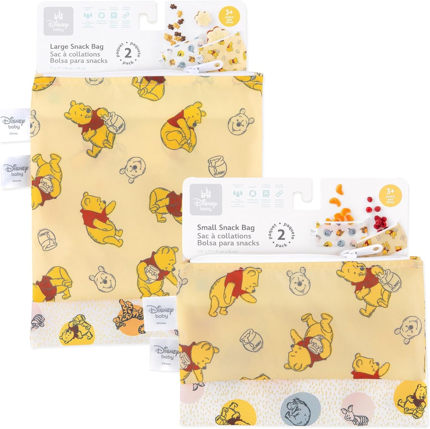 Bumkins - Cloth Snack & Sandwich Bags - For Storage, Travel, Food Prep, Lunch - Reusable, Water Resistant, Washable, Dishwasher Safe - Snack Bags for Kids - Zipper Closure - Winnie the Pooh - 4 Pack
