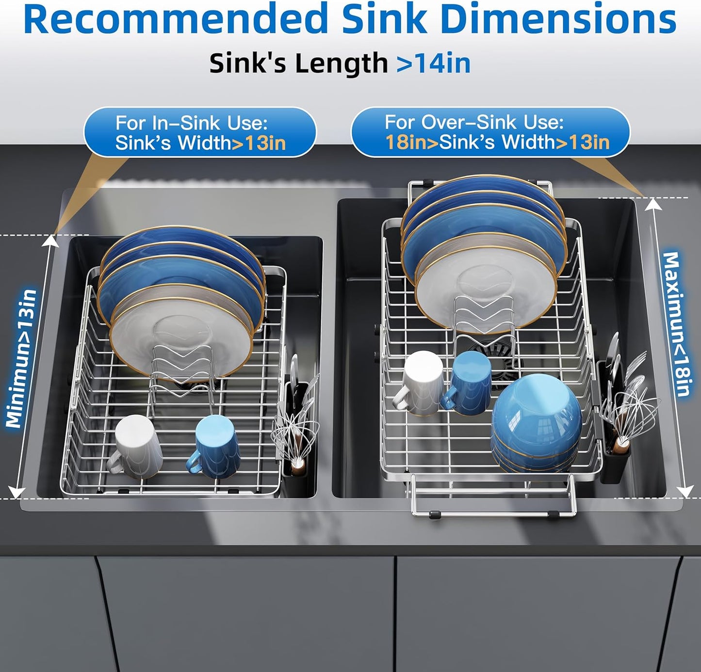 romision Expandable Dish Drying Rack Over The Sink Small Metal Stainless Steel Plate Holder for Compact Kitchen, Space Saving Modern Silver Hanging Drainer