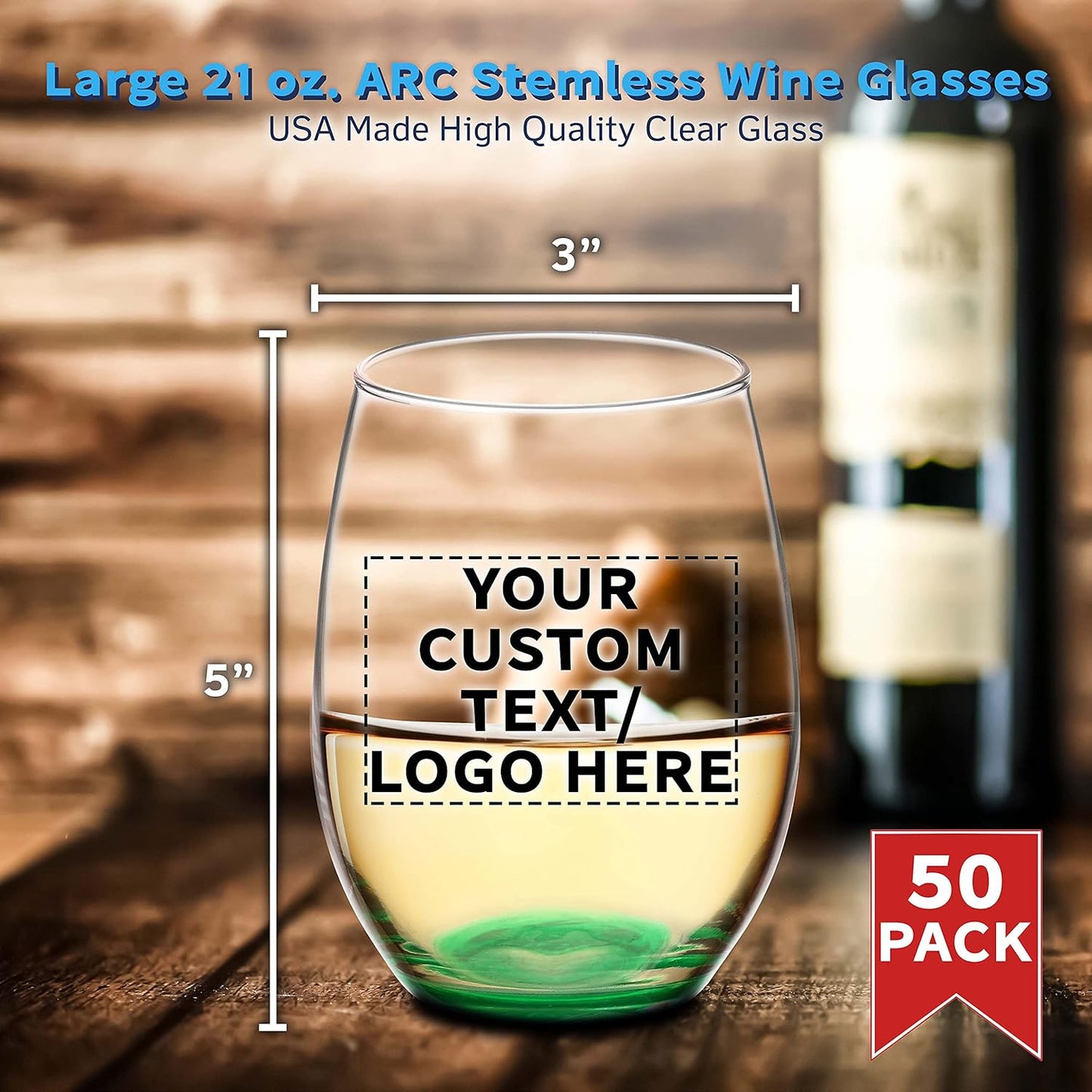 DISCOUNT PROMOS 50 ARC Stemless Wine Glasses Set, 21 oz. - Customizable Text, Logo - Chardonnay, Cabernet, Merlot, Sauvignon - Green