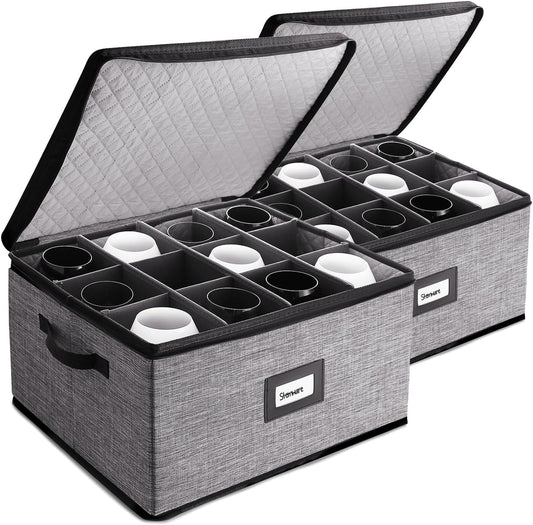 Wine Glass Storage Box with Dividers, 2 Pack Stackable Stemware Storage Cases, Service of 24 Glassware Storage Containers, Quilted China Storage Containers for Moving and Seasonal Storage, Grey