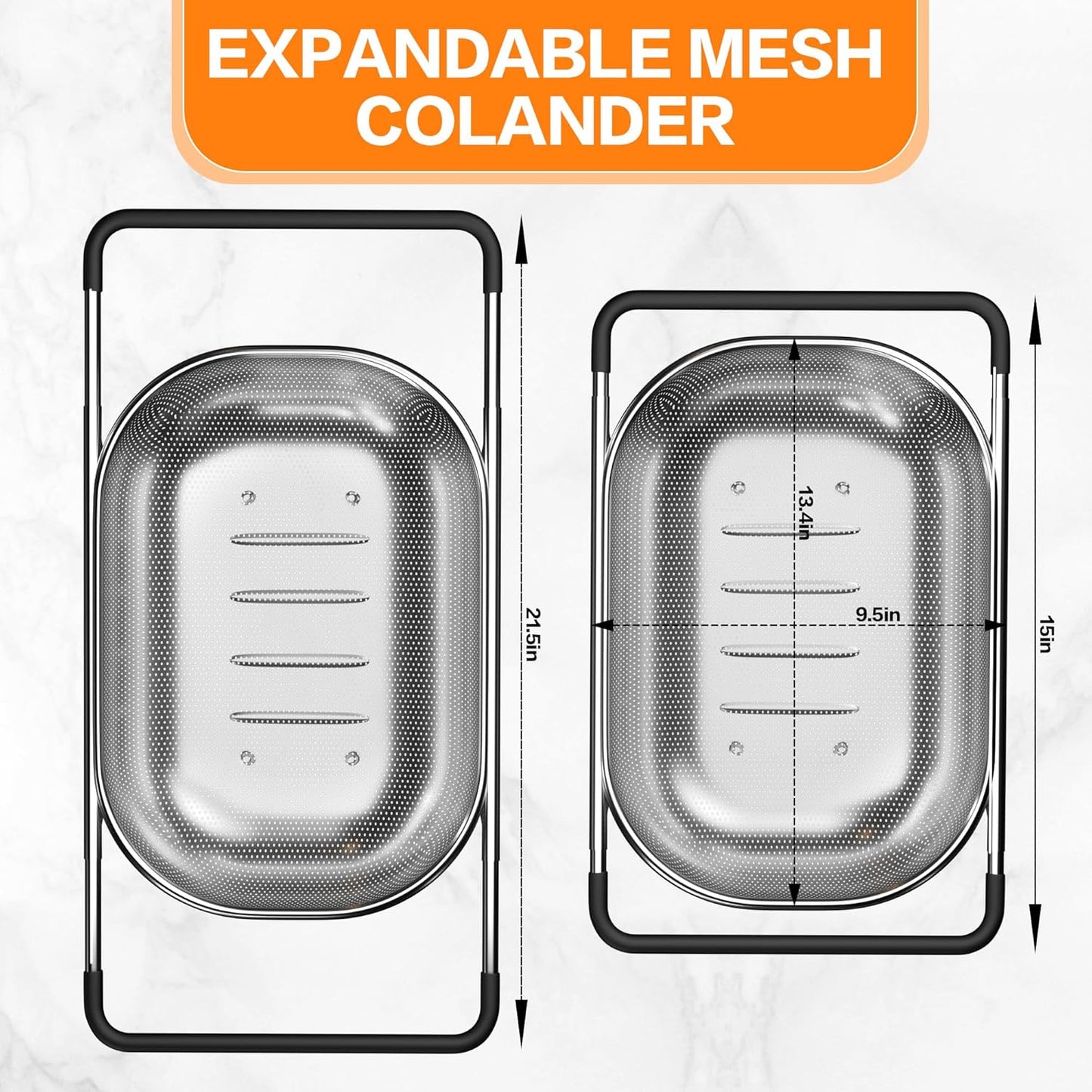 Over the Sink Colander - Strainers and Colanders - Sink Strainer Basket - Expandable Fine Mesh Strainer with Rubber Grip for Veggie, Fruits, Pasta, Home Kitchen Essentials (9.5W x 13.4-21.3L x 3.3H)