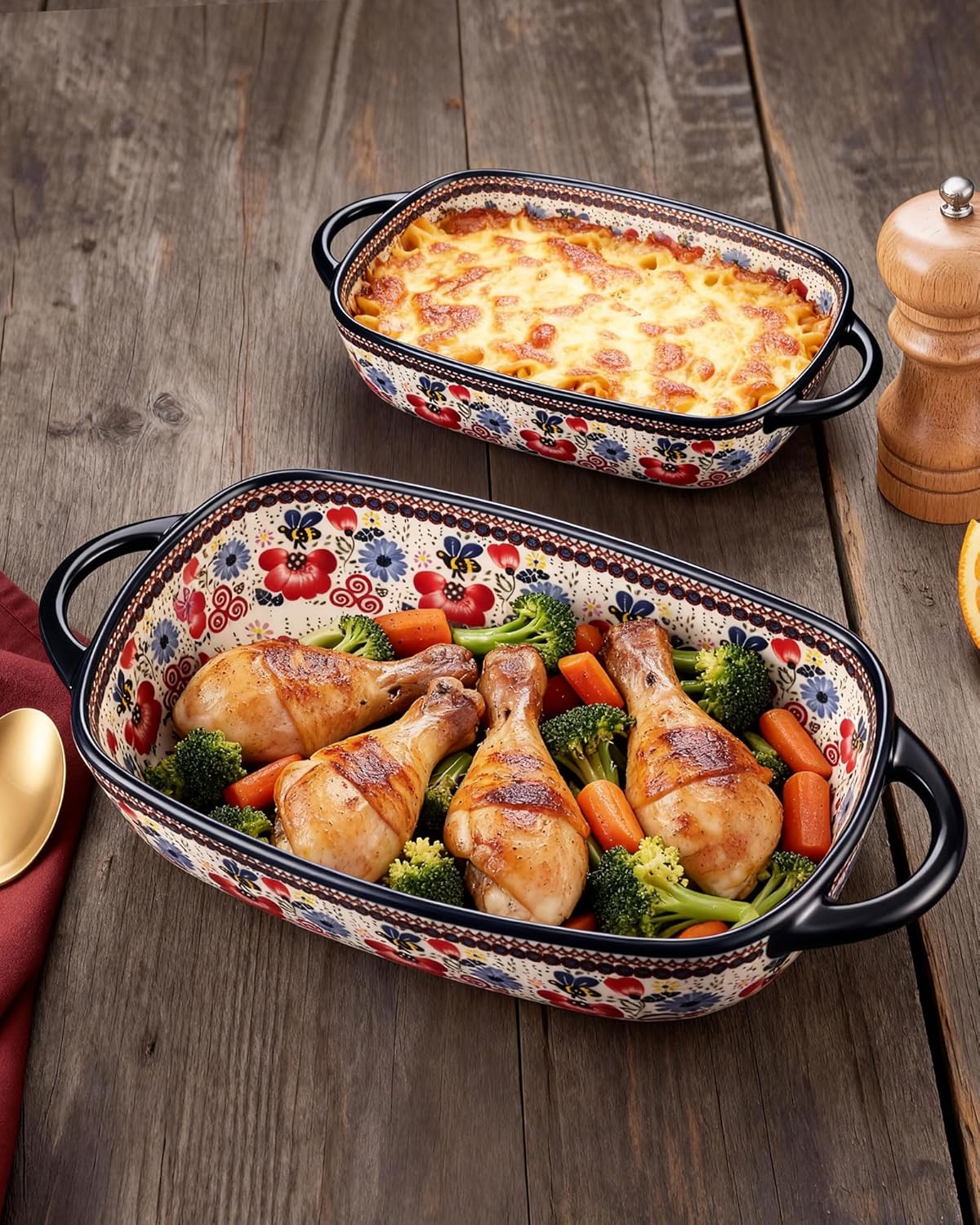 Polish Pottery Style Ceramic Baking Dish Set of 2 – Decorative Casserole Dishes with Handles, Cute Oven-Safe Lasagna Bakeware Gift Set