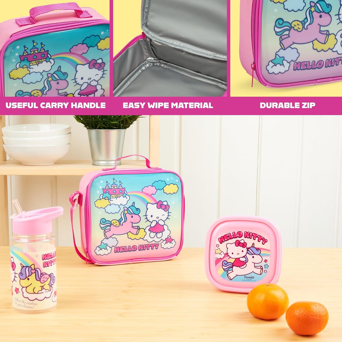Get Trend Hello Kitty Kids Lunch Bag Set 3 Pc with Leak Proof Water Bottle and Small Lunch Box Insulated for School Daycare or Travel (Hello Kitty)