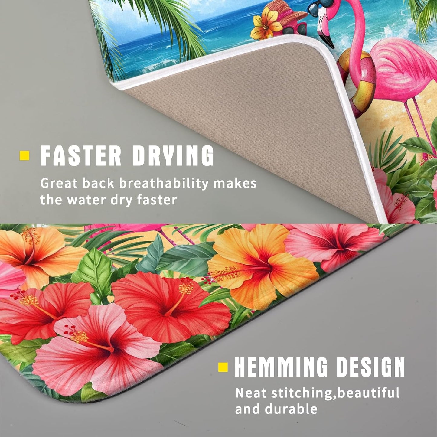 Summer Flamingos Dish Drying Mat 16x18 inch Tropical Beach Microfiber Washable Dish Rack Mats Drainer Pad for Counter Kitchen Table Decor