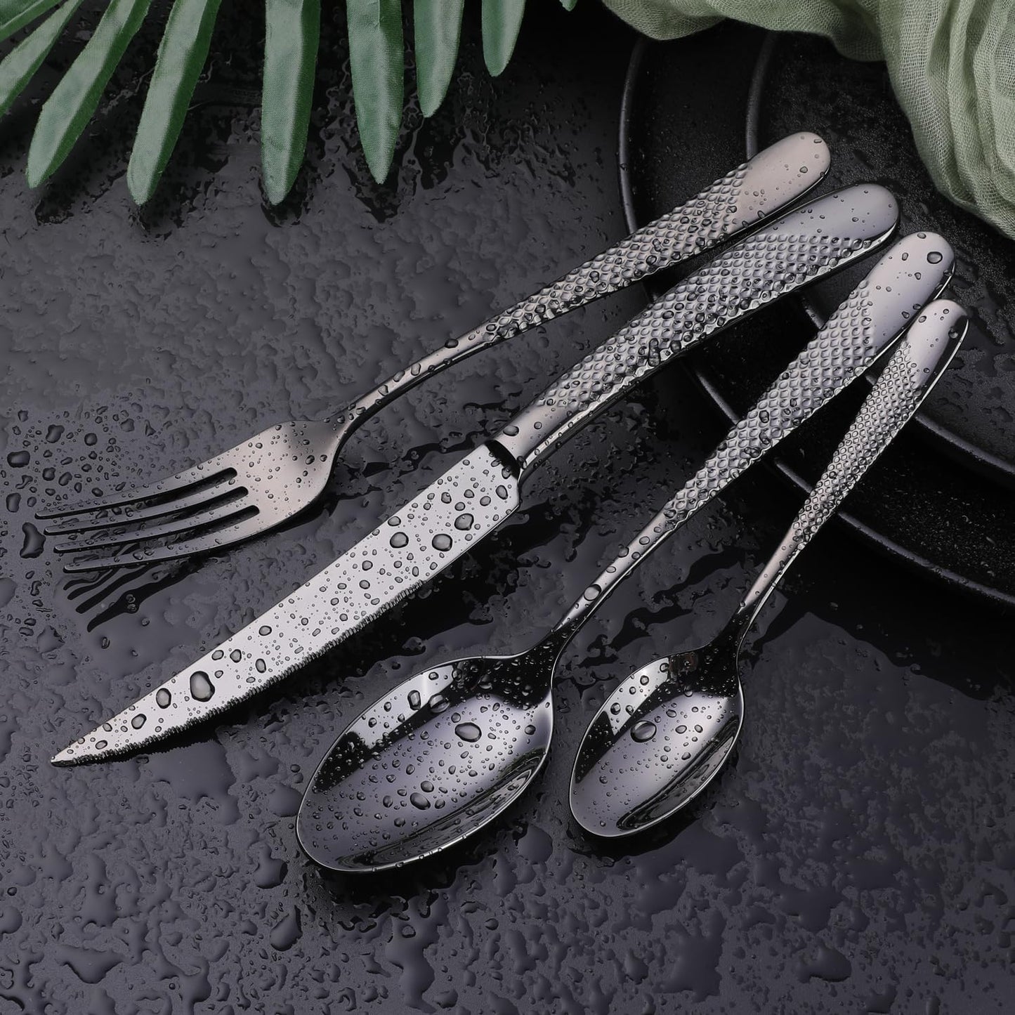 Hammered Black Silverware Set, OGORI 24-Piece 18/10 Stainless Steel Flatware Set, Service of 6