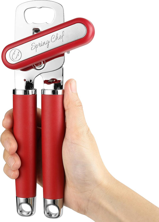 Spring Chef Stainless Steel Can Opener - Manual with Soft Grip Handles, Easy Turn, Heavy Duty Hand Can Opener for Seniors with Smooth Edge - Red