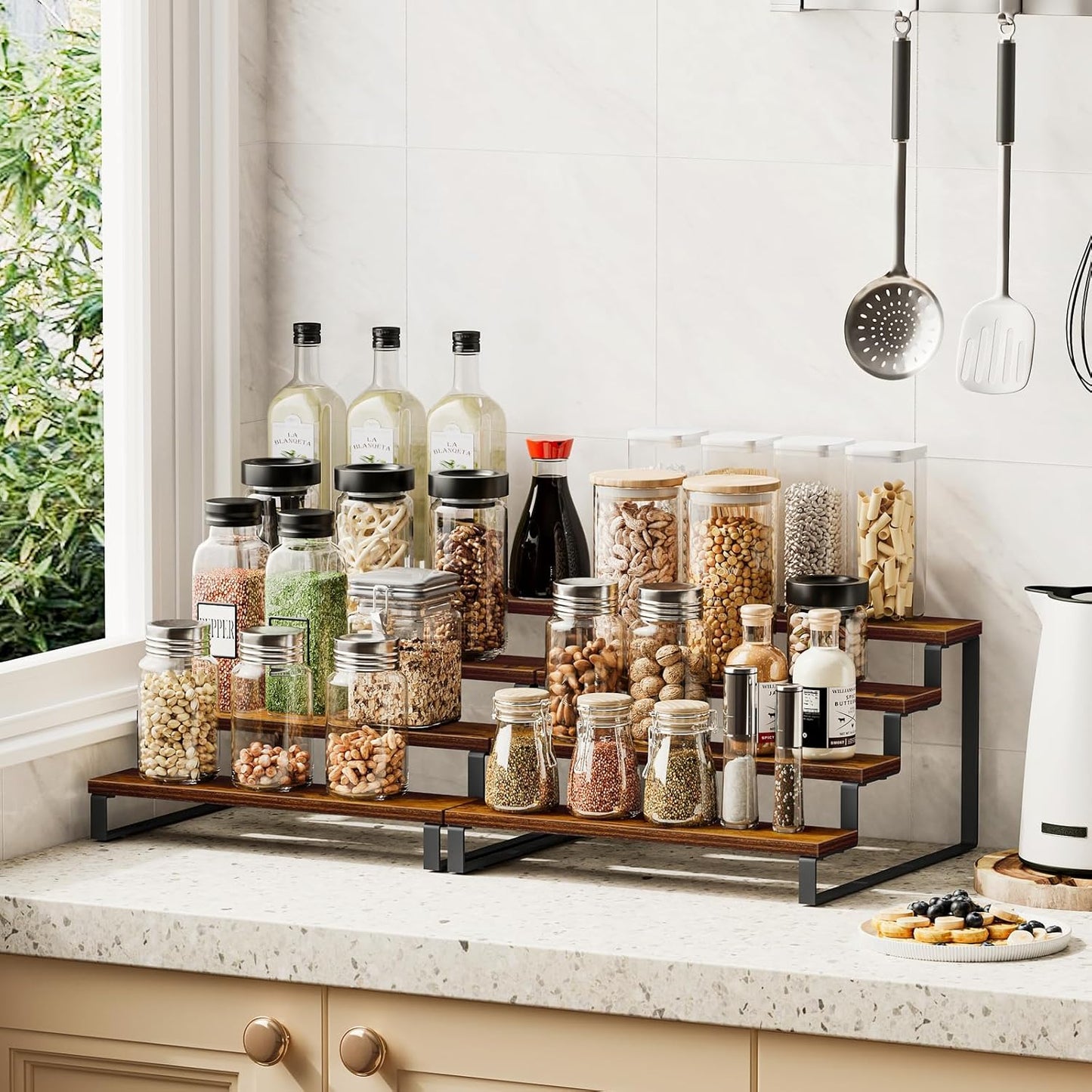 Giikin 4 Tier Spice Rack, Set of 2 Wooden Spice Rack for Countertop, Kitchen Counter Storage Shelves Cupcake Stand Holder Display Stand, Rustic Brown