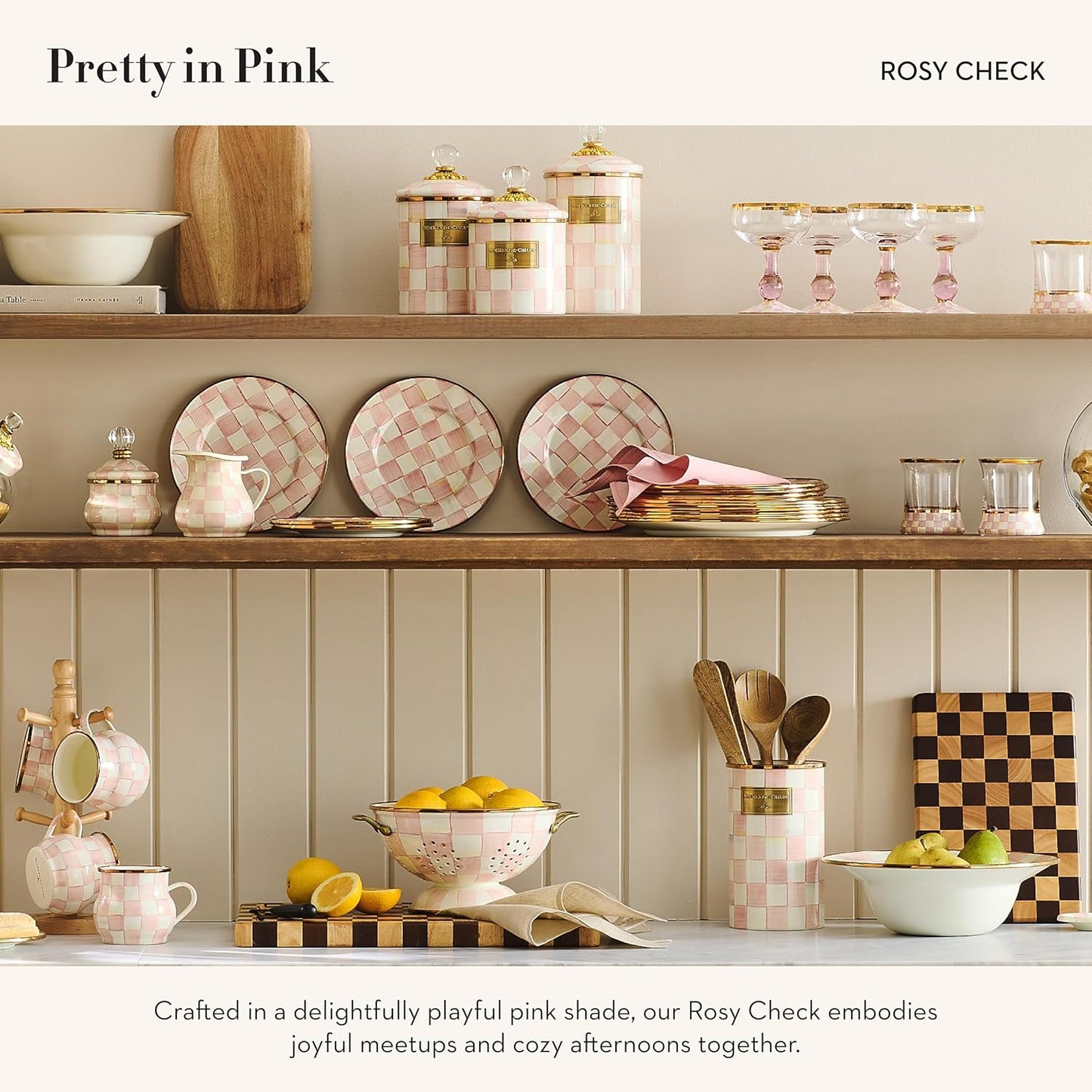 MACKENZIE-CHILDS Enamel Utensil Holder, Kitchen Utensil Holder for Countertop, Storage Caddy, Pink-and-White Rosy Check