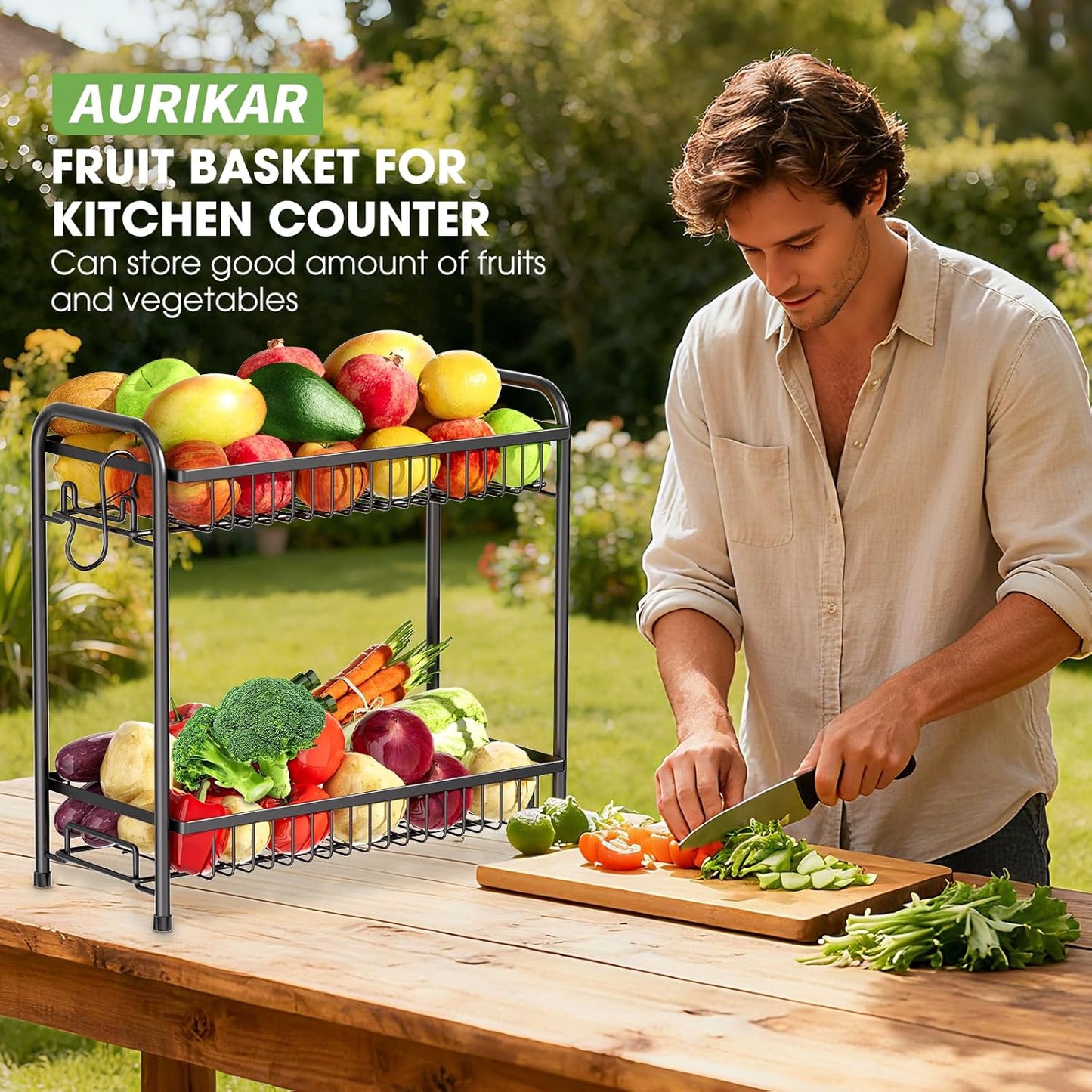 Fruit Basket for Kitchen Counter, 2 Tier Fruit Bowl with Banana Hangers, Large Fruit Holder Stand Countertop Organizer for Vegetable Onion Potato Bread Snack Produce Storage and Display, Black