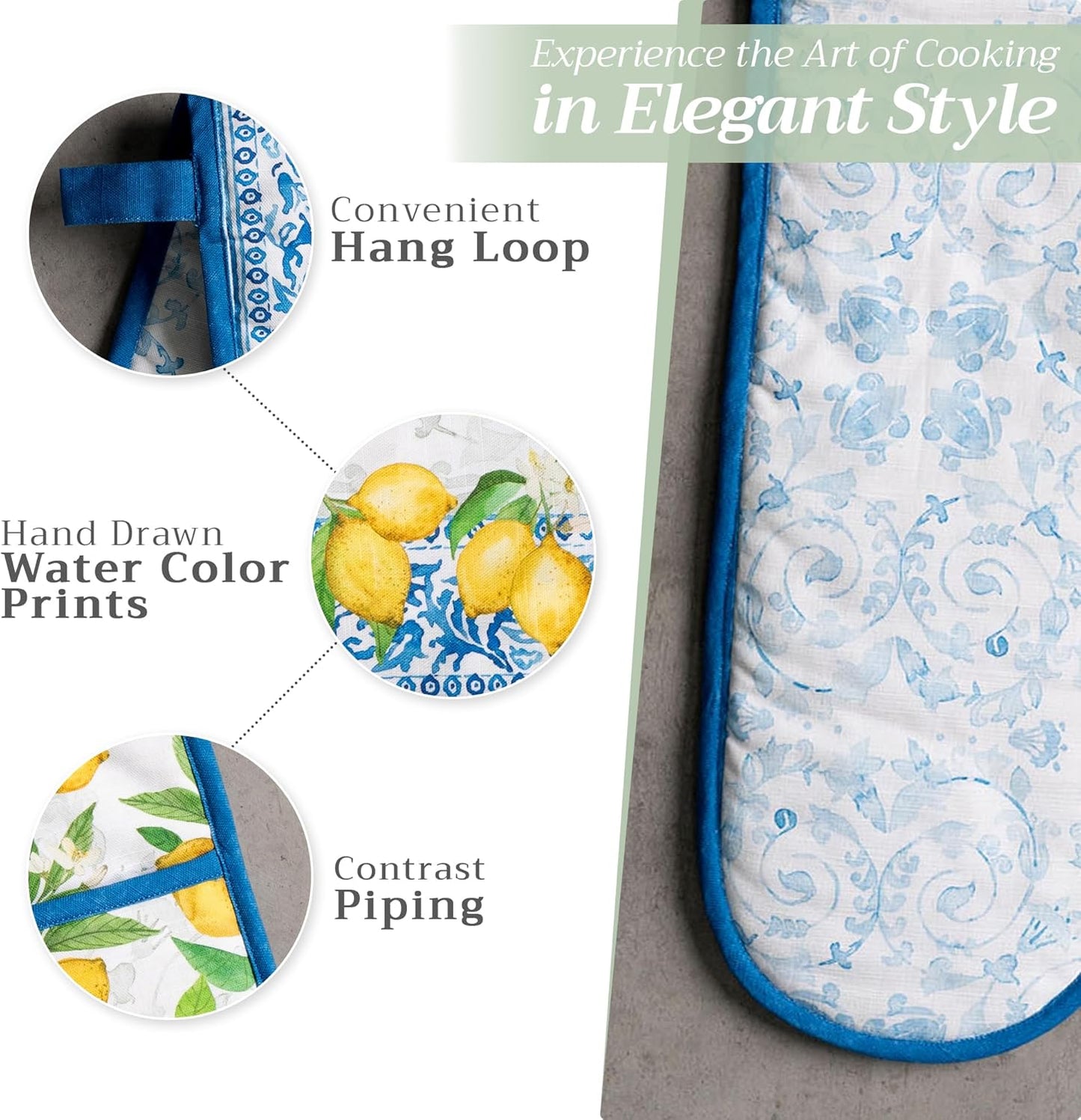 Maison d' Hermine Double Oven Mitts 100% Cotton 7"x35" Double Oven Mitt Heat Resistant BBQ Cooking Gloves with Loop, Baking, Grilling, Home, Kitchen, Handling Hot Pans Spring Summer (Cedrat)