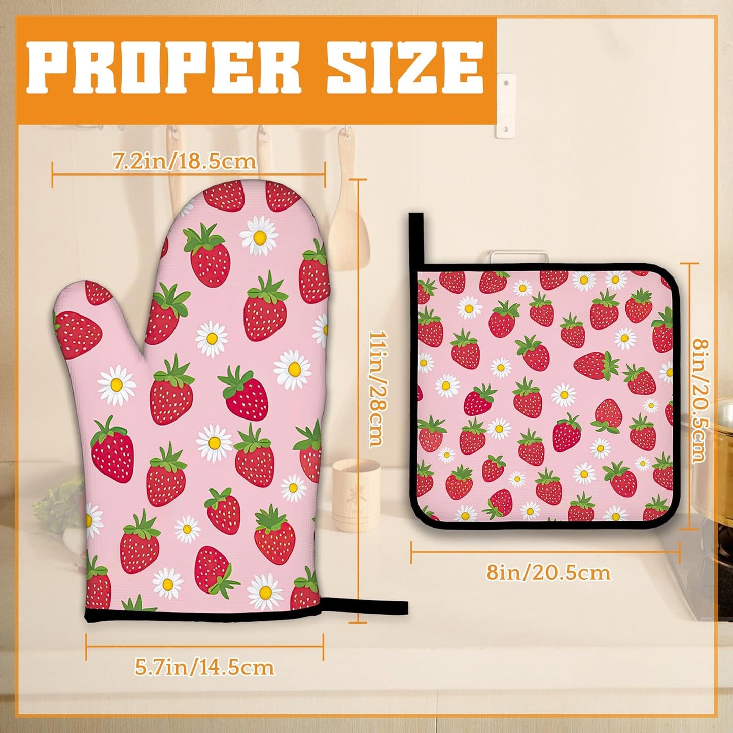 Cute Strawberry Oven Mitts and Pot Holders,Daisy Heat Resistant Oven Mitts Gloves and Pot Holder for Home Kitchen Decorations Cooking Baking BBQ Gifts,Set of 4