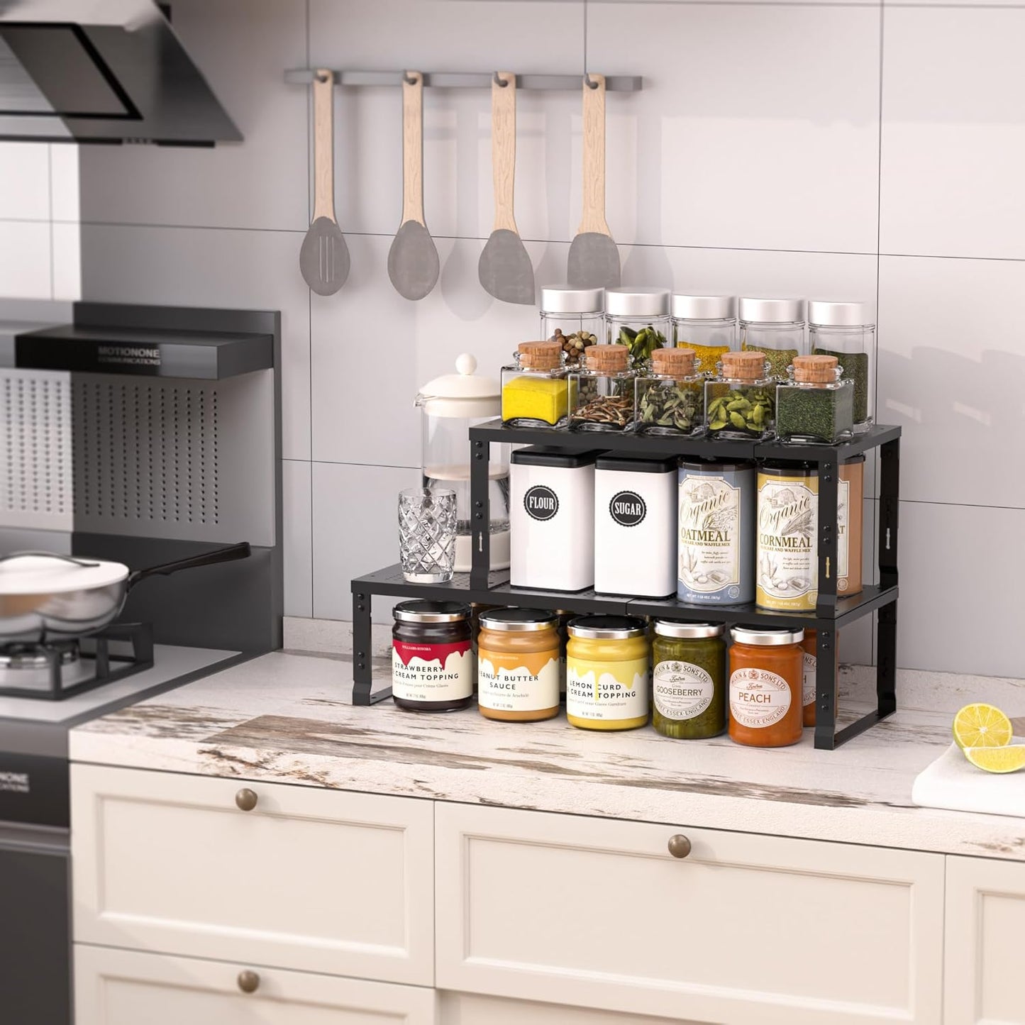 Heavy-Duty Adjustable Metal Shelf Organizer - Expandable & Stackable Pantry Storage Rack for Kitchen, Bathroom, RV, Cabinets(3 Packs/Black, Medium)