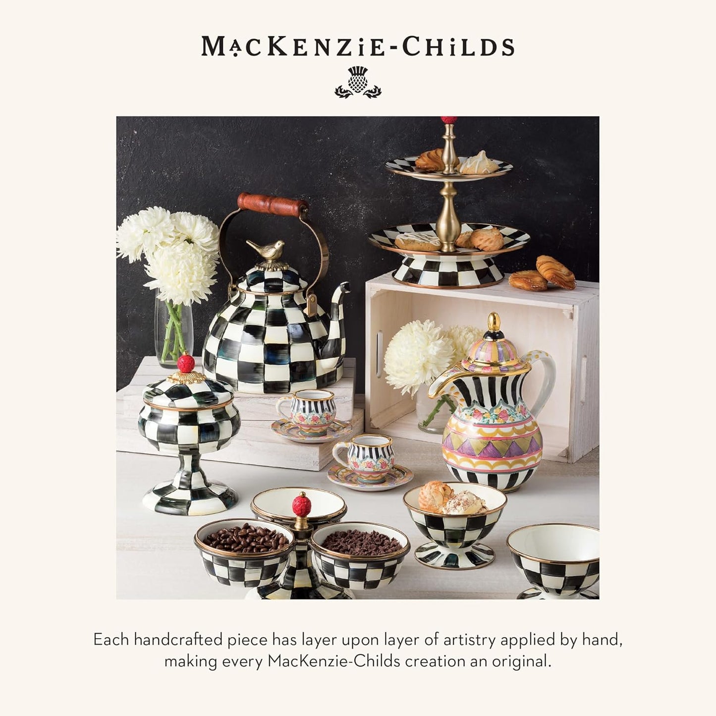 MACKENZIE-CHILDS Enamel Relish Dish, Small Serving Bowl for Entertaining, Black-and-White Courtly Check