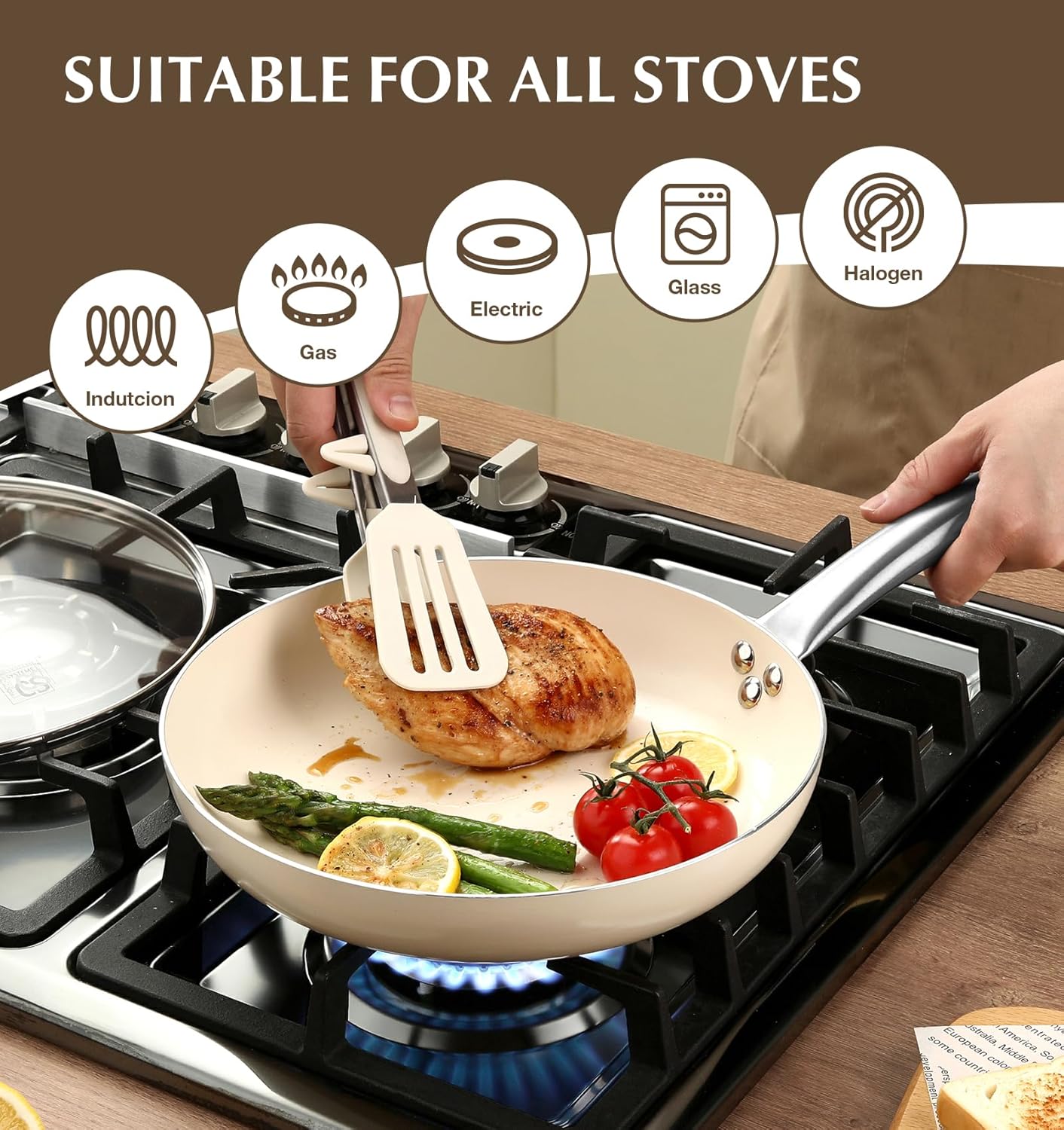 KOCH SYSTEME CS Nonstick Frying Pan with Lid, 10 Inch Non-Stick Skillet with Stay-Cool Stainless Steel Handle, Omelet Pan with Nonstick Ceramic Coating, PFOA Free, Induction & Oven Safe, Cream White