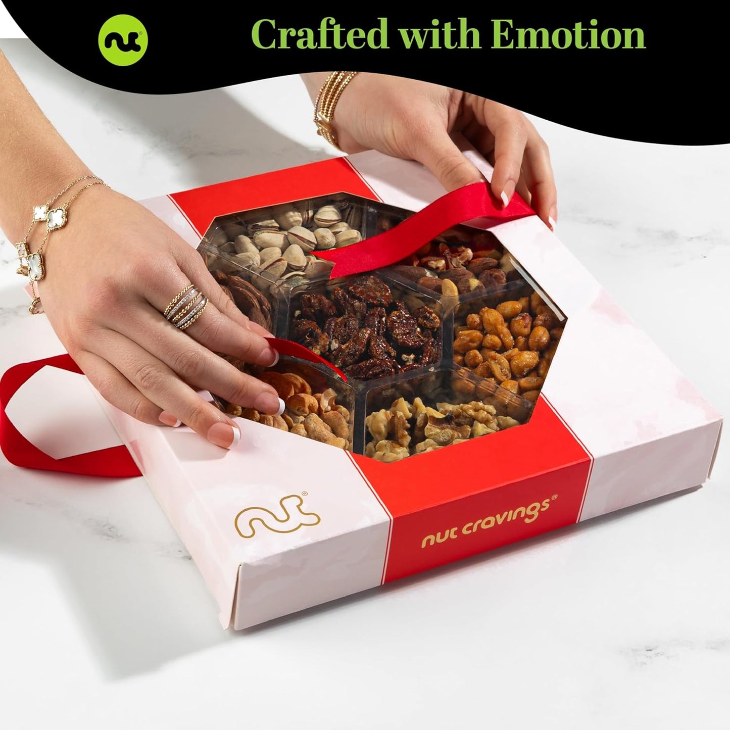 NUT CRAVINGS - Mixed Nuts Gift Basket in Red Gold Box (7 Assortments, 2 LB) Food Arrangement, Healthy Snack Care Package, Food Assortments