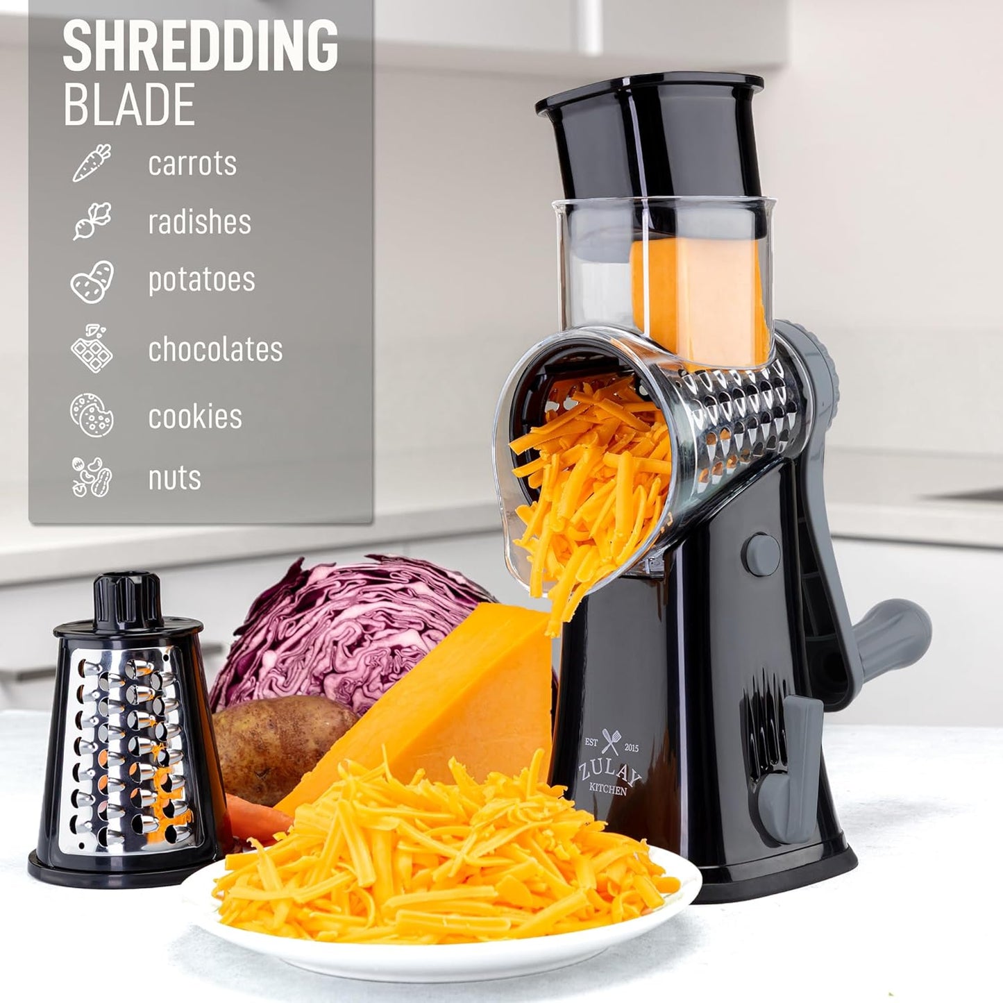 Zulay Kitchen Rotary Cheese Grater 5 Blade Cheese Shredder - Manual Hand Crank Cheese Grater With Reinforced Suction & 5 Interchangeable Drums - Easy to Use, Vegetable Chopper Round Mandoline Slicer