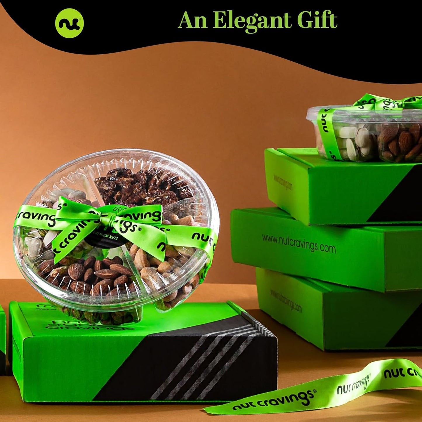 NUT CRAVINGS - Mixed Nuts Gift Basket + Green Ribbon (4 Assortments) Food Arrangement, Healthy Snack Care Package, Food Assortments