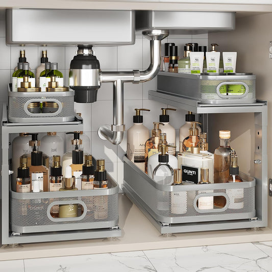 2 Pack 18.5IN-Depth Under Sink Organizer With Next-Gen Ball-Bearing Slides,2-Tier Precision Mesh Pull Out Cabinet Storage for Bathroom&Kitchen,Height Adjustable Drawers Shelf,Anti-rust-Grey