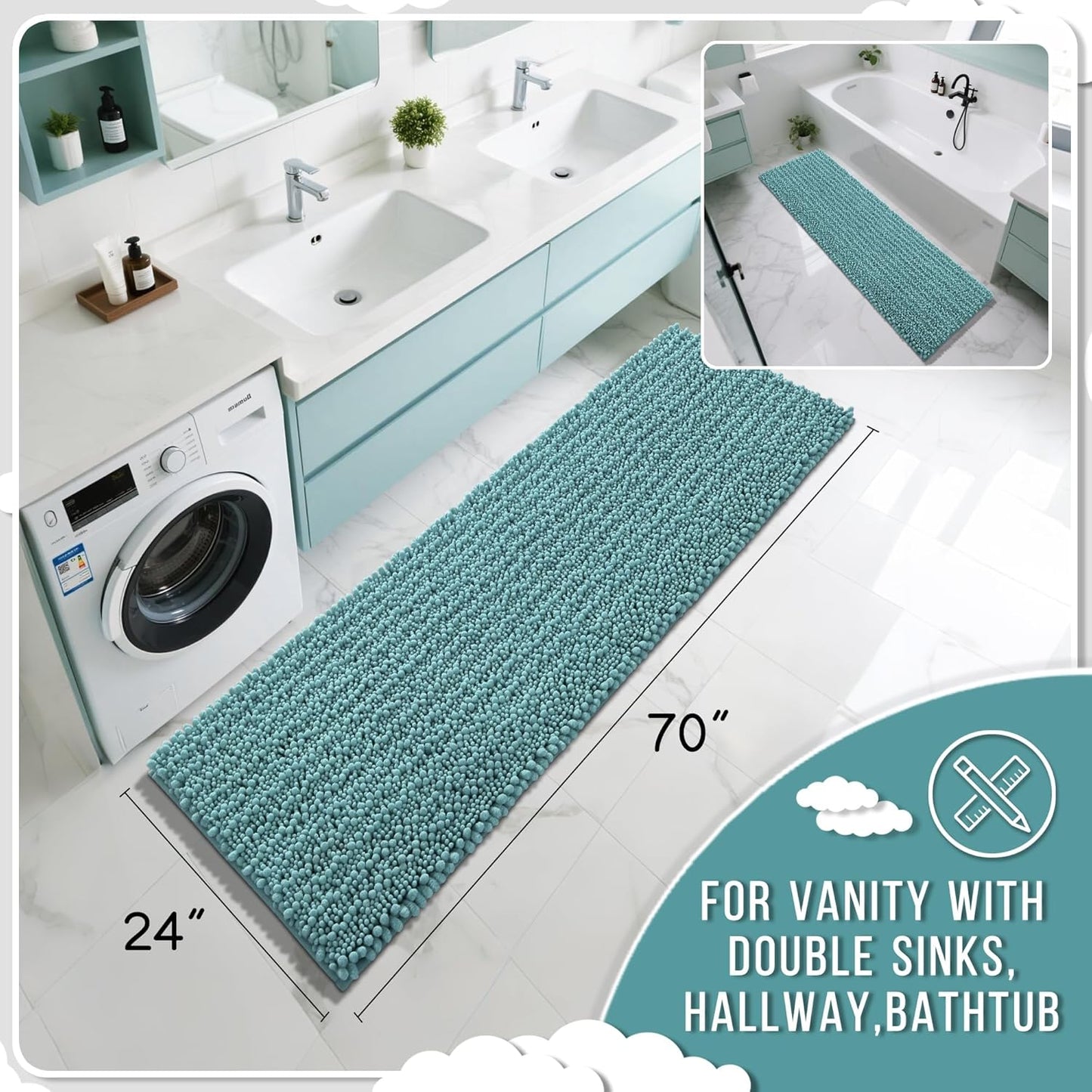 Yimobra Bathroom Runner Rug 70x24 Inch - Extra Long Non Slip Chenille Bath Mat, Soft & Absorbent, Machine Washable Shaggy Hallway Carpet for Vanity Tub Shower, Teal Blue Home Decor Accessories