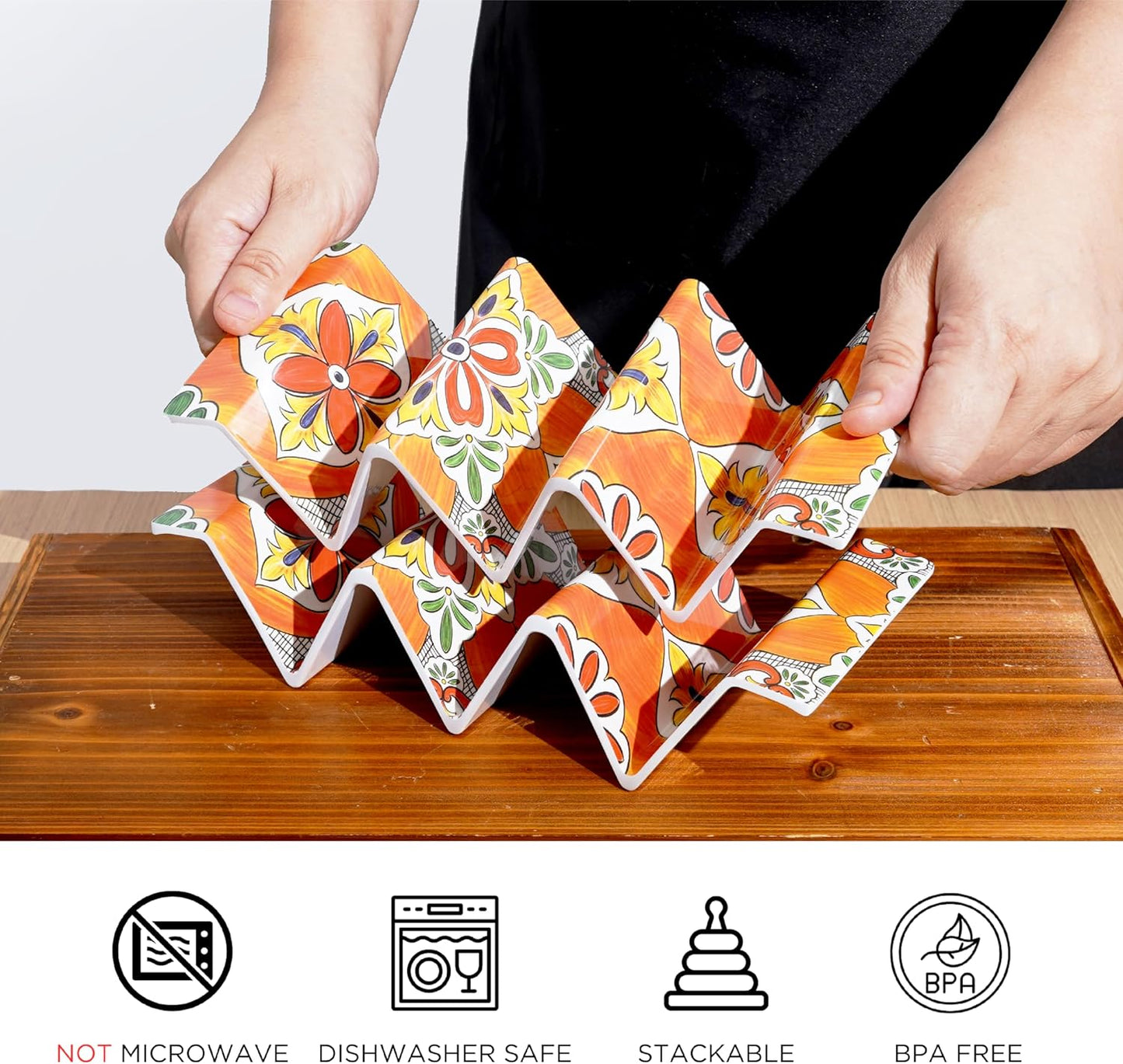 TP Taco Holder Stands, Set of 2 Melamine Large Taco Serving Rack Tray with Handle, Holds 3 Tacos, Dishwasher Safe, Ideal for Taco Night, Party, Home, Fiesta, Talavera Bloom
