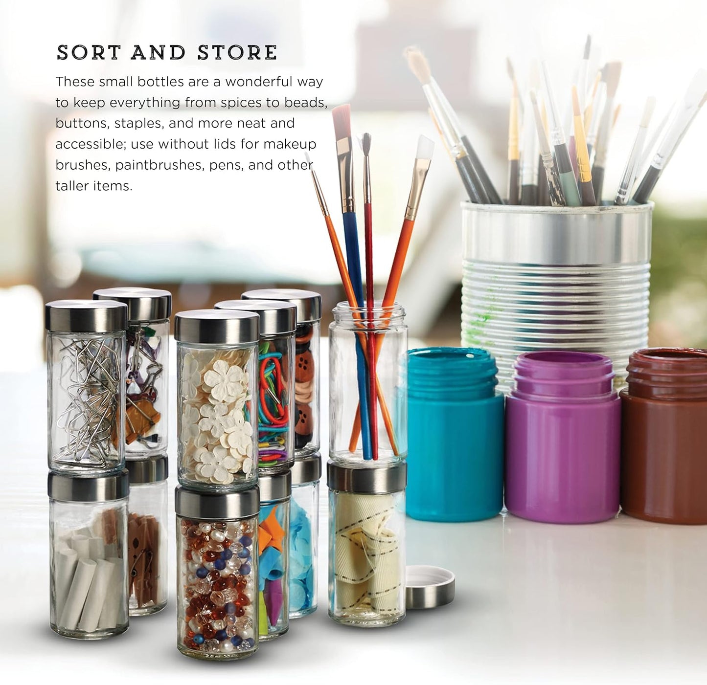 Kamenstein Clear Reusable 3 Oz Jars With Stainless Steel Shaker Lids, And Twist-On Caps For Airtight Seals 12 Pk