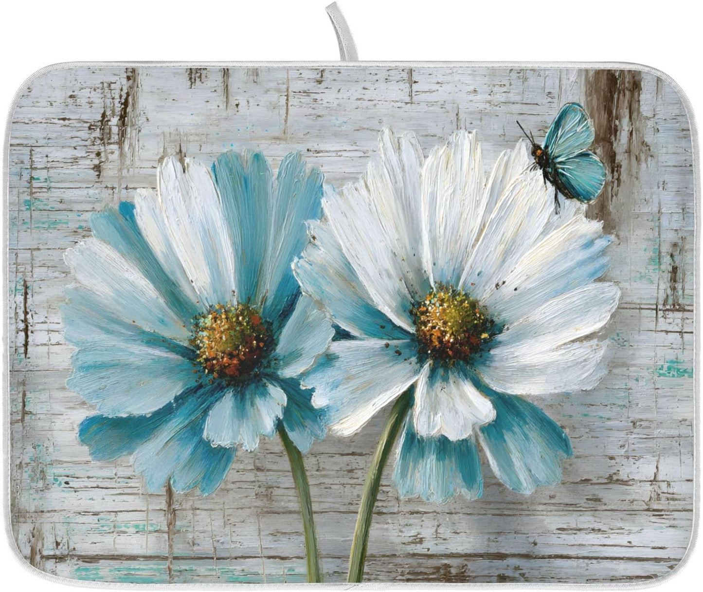 Rustic Teal White Daisy on Vintage Wooden Dish Drying Mat for Kitchen Counter Absorbent Microfiber Small Drying Pad Dish mats for Kitchen Countertops 16 x 18 Inch