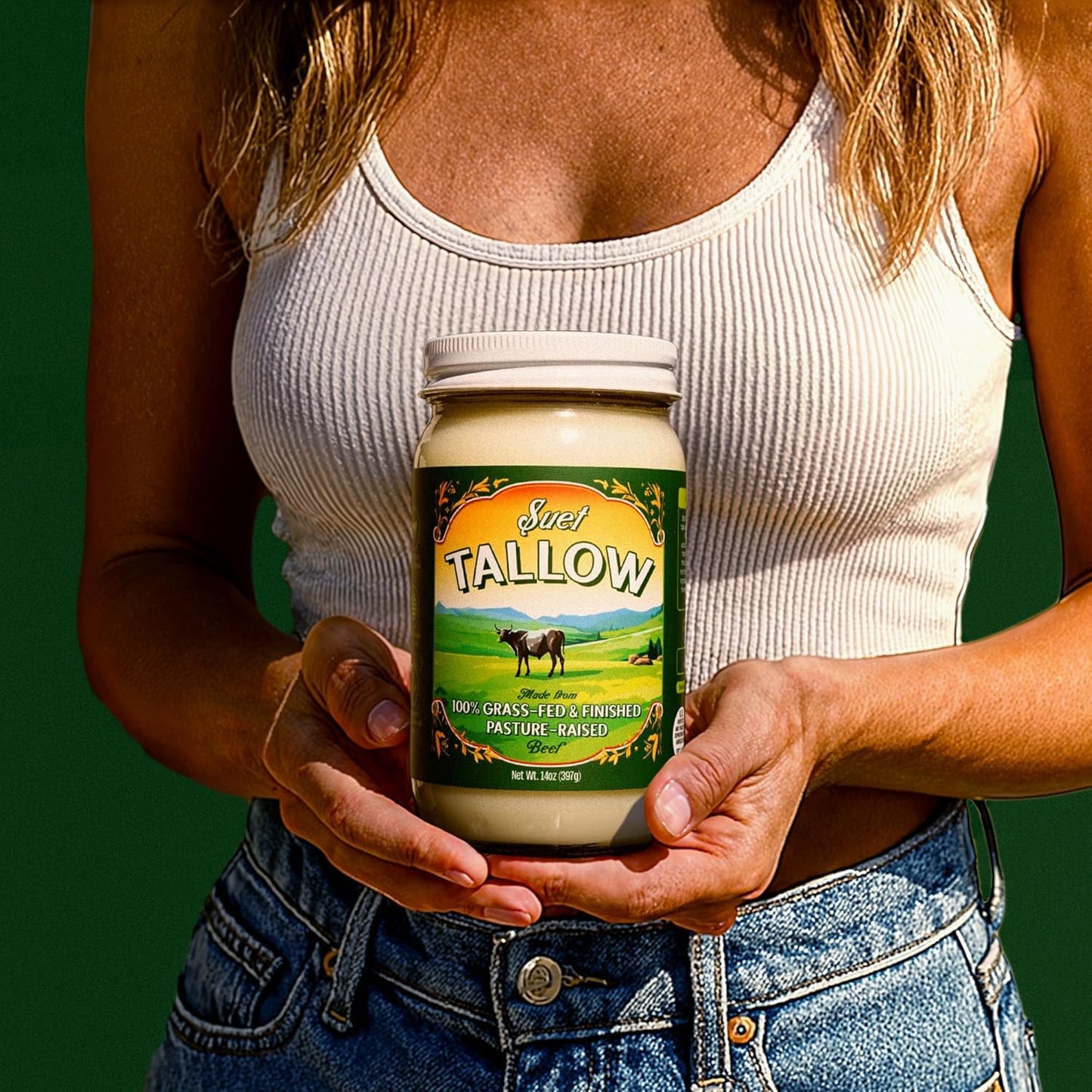 Pasture Raised Beef Tallow, Grass-Fed & Grass-Finished, Made from Beef Suet for more nutrients, Glass Jar