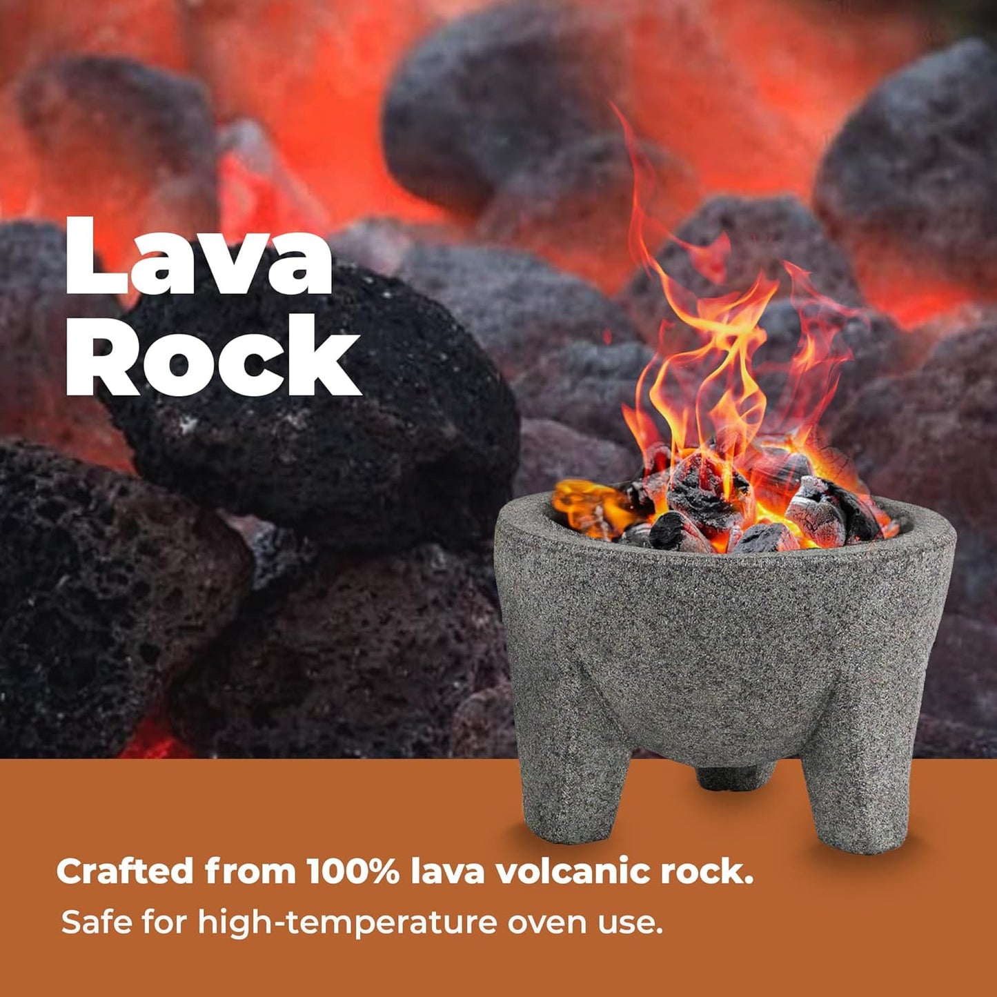 The Authentic Molcajete Mexicano Made of Lava Volcanic Rock, Set with Mortar, Pestle and Cutting Board Included - Large Molcajete 8-Inch, Molcajete de Piedra Volcánica with Less Porous Finish (Grey)