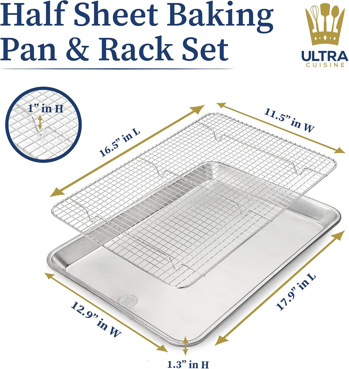 Ultra Cuisine Aluminum Baking Sheet with Stainless Steel Cooling Rack Set -Half Sheet Size Pan 13 x 18 inch, Durable Rimmed Sides, Easy Clean, Commercial Quality for Cooking and Roasting