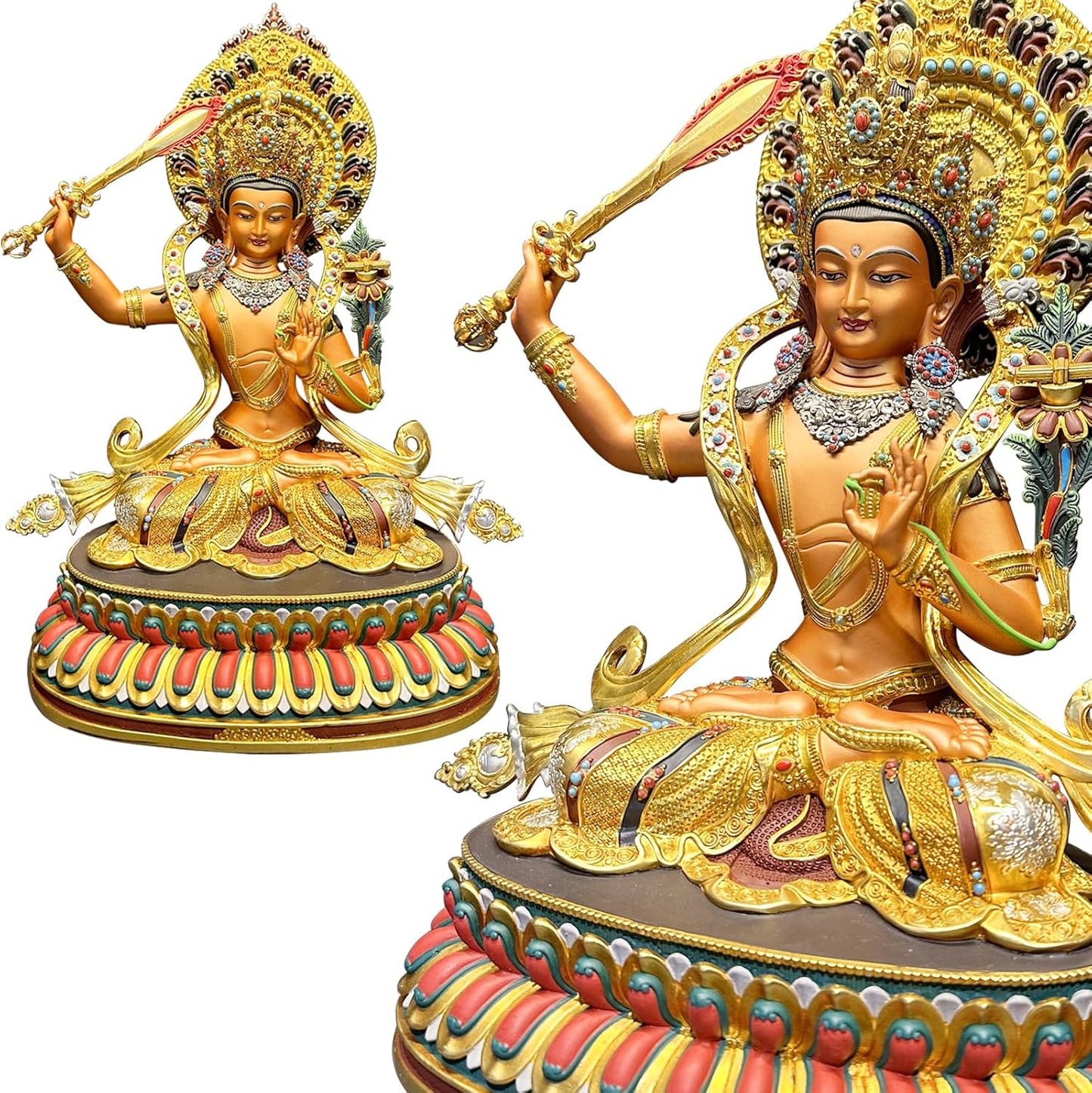 Buddha Statue Indoor, Buda Sculpture for Home Decor, Hand-Painted Colored Buddhist Budda, Nepalese Craft Handmade Tibetan Buddhism Meditation Copper (Manjushri, 14.17")