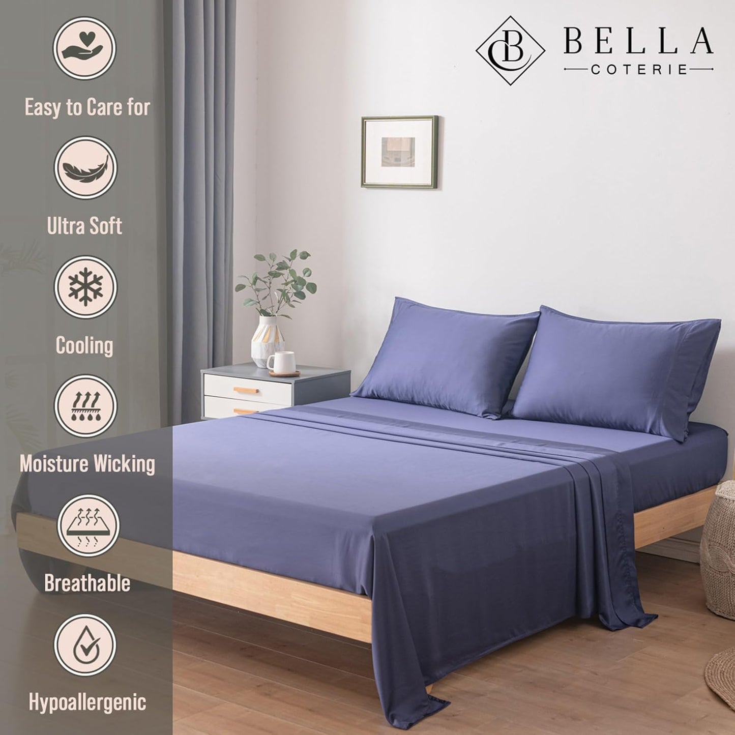 Bella Coterie Luxury Bamboo Viscose Split King Size Sheet Set | 100% Organically Grown | Ultra Soft | Cooling for Hot Sleepers | 18" Deep Pocket [Twilight Blue]