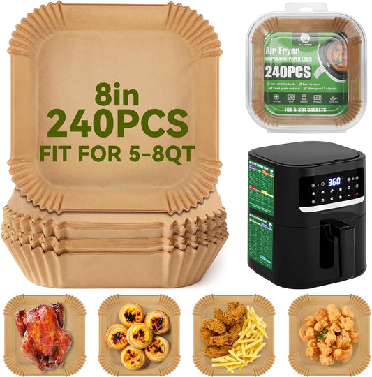 OAMCEG Air Fryer Disposable Liners,240 PCS Square Non-stick Disposable Liners for 5-8QT, 8 inch Air Fryer Parchment Baking Paper for Frying, Baking, Cooking, Roasting and Microwave