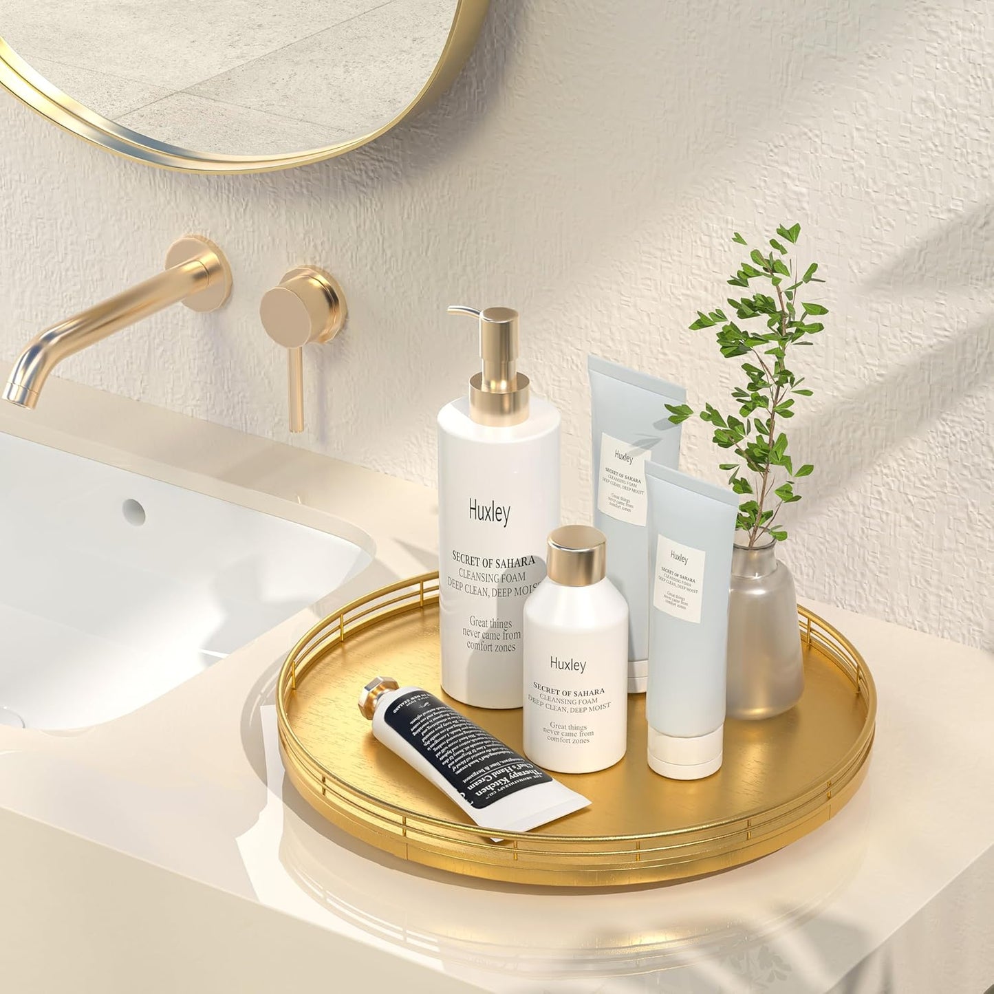 13" Gold Lazy Susan for Table Top, Oak Wood Lazy Susan Turntable Organizer for Dining Coffee Table Centerpiece Bar Decor Kitchen Countertop Bathroom Vanity Decorative Tray for Perfume Jewelry Round