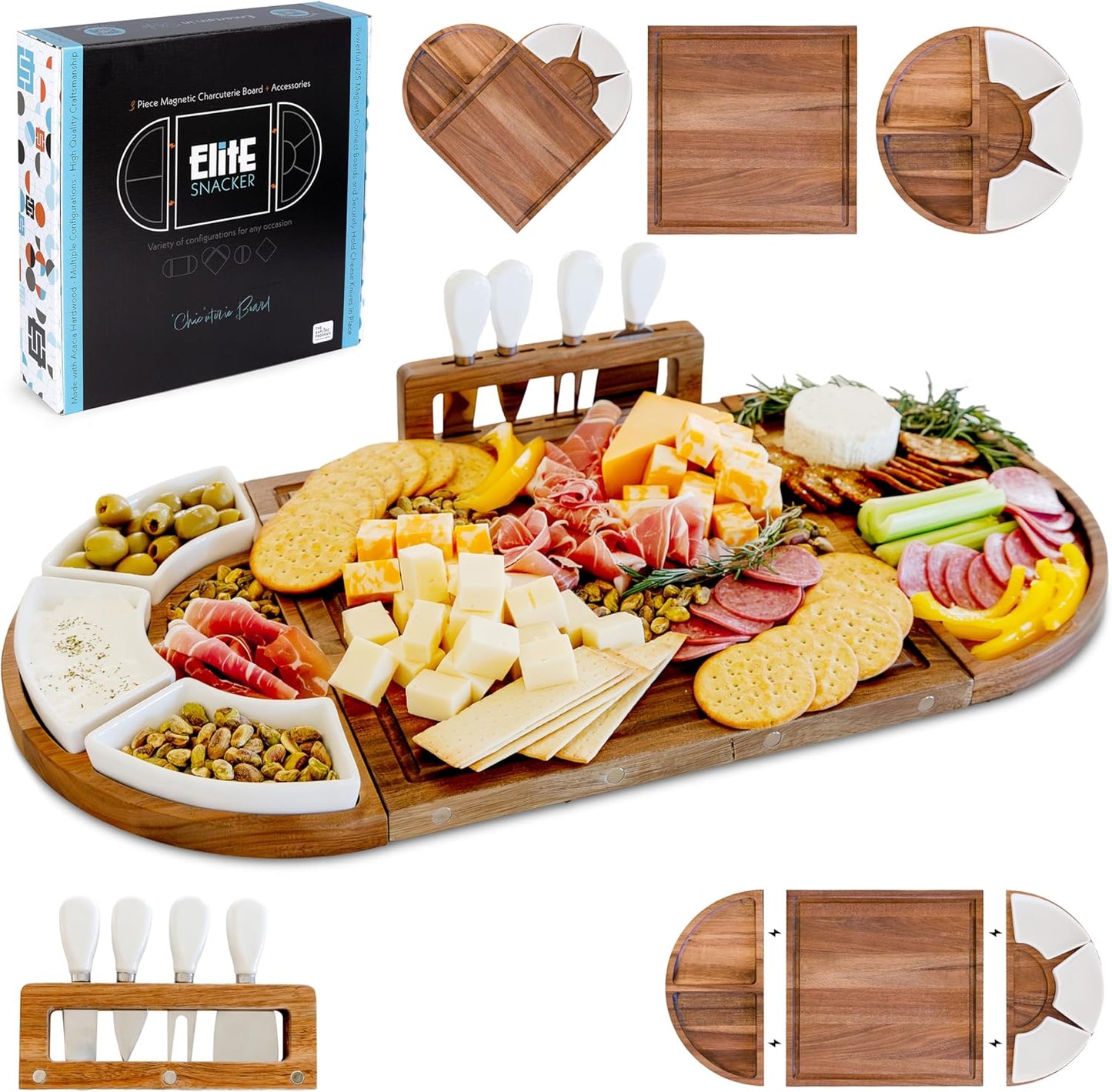 Large Wooden Charcuterie Board Set (Oil Finish) - 3-Piece Magnetic Long Serving Board Tray with Charcuterie Accessories - Acacia Wood Cheese Platter with Cheese Knife Set & Ceramic Dishes - Brown