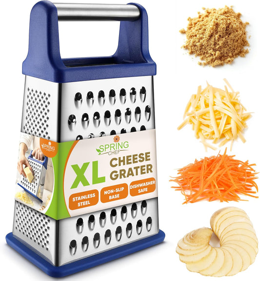 Spring Chef Stainless Steel XL Parmesan Cheese Grater with Handle - 4 Sided Metal Box Grater for Kitchen - Dishwasher Safe Potato Shredder for Hash Browns, Potato, Carrot, Vegetables - Sapphire