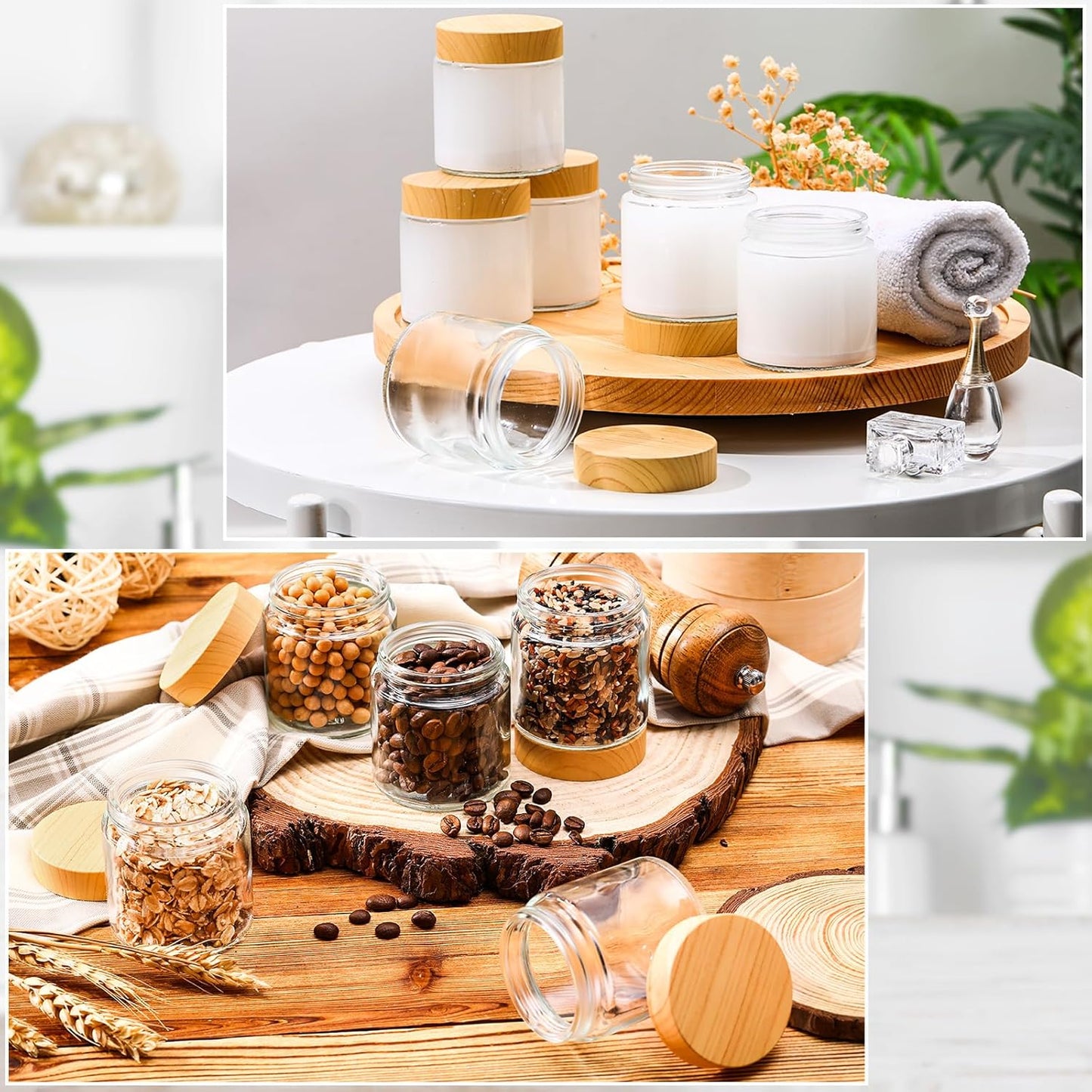 Norme 24 Pcs 4 oz Glass Jars with Lids Empty Small Glass Containers and Inner Liners Reusable Cosmetic Jars Round Airtight Bottles with Plastic Woodgrain Lids for Travel