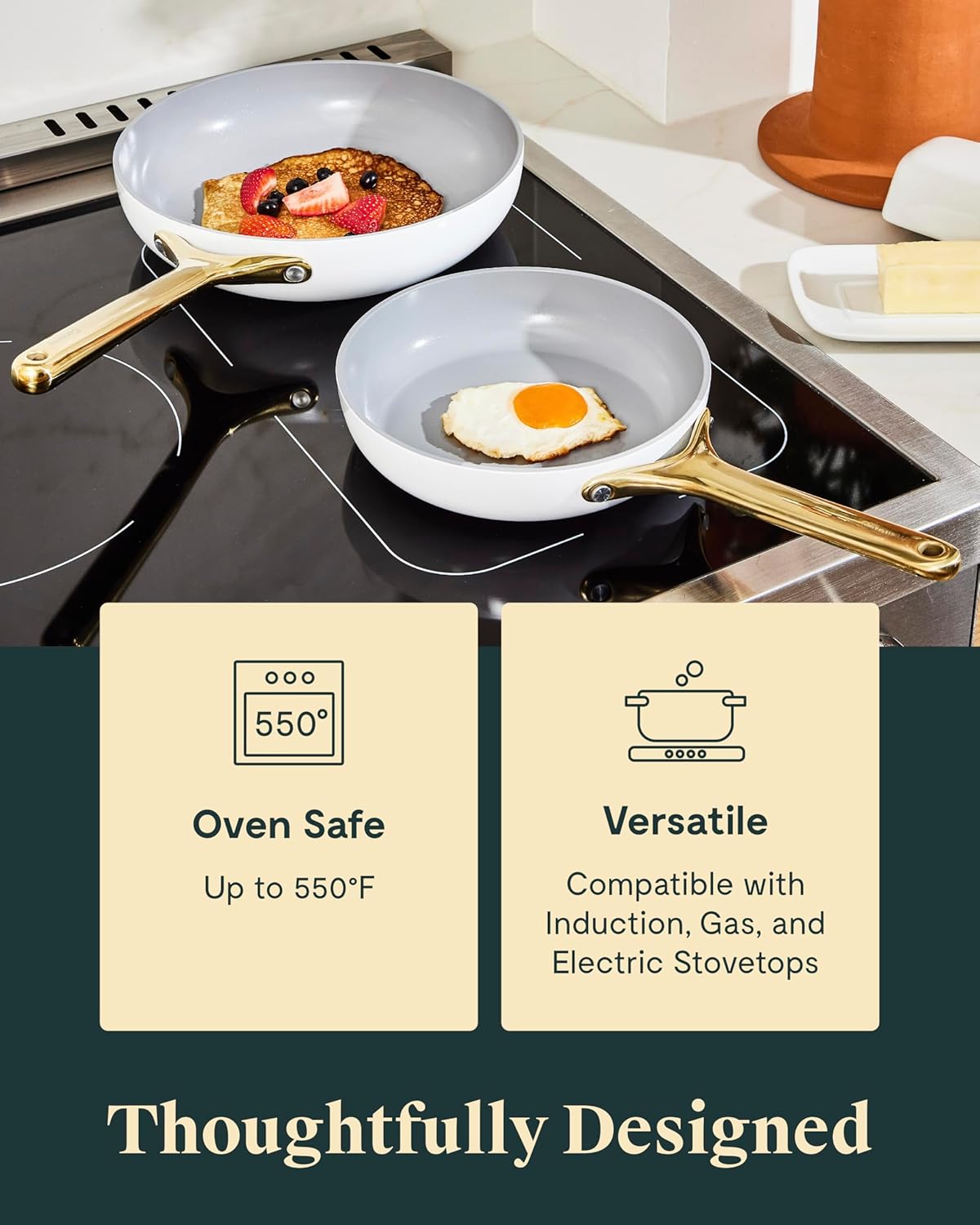 Caraway Ceramic Nonstick Fry Pan Set with Glass Lids – Includes Two 10.5” Fry Pans, One 8” Fry Pan, & Three Lids - Non Toxic, PTFE & PFOA Free - Oven Safe & Compatible with All Stovetops - Sage