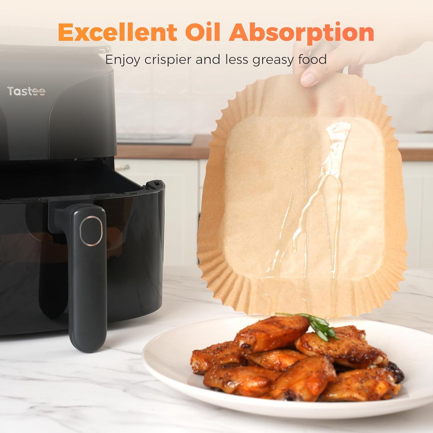 Tastee Air Fryer Liners 100Pcs - Design for 3-6QT Air Fryer Baskets, Oil-Absorbent Disposable Paper Liners, 450°F Heat Resistant, Custom Fit
