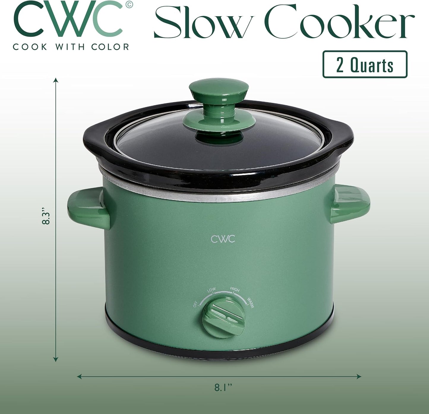 COOK WITH COLOR 2QT Mini Electric Round Slow Cooker - Adjustable Settings, Removable Stoneware Pot, Tempered Glass Lid, Dishwasher Safe, Cool-Touch Side Handles, Dark Sage