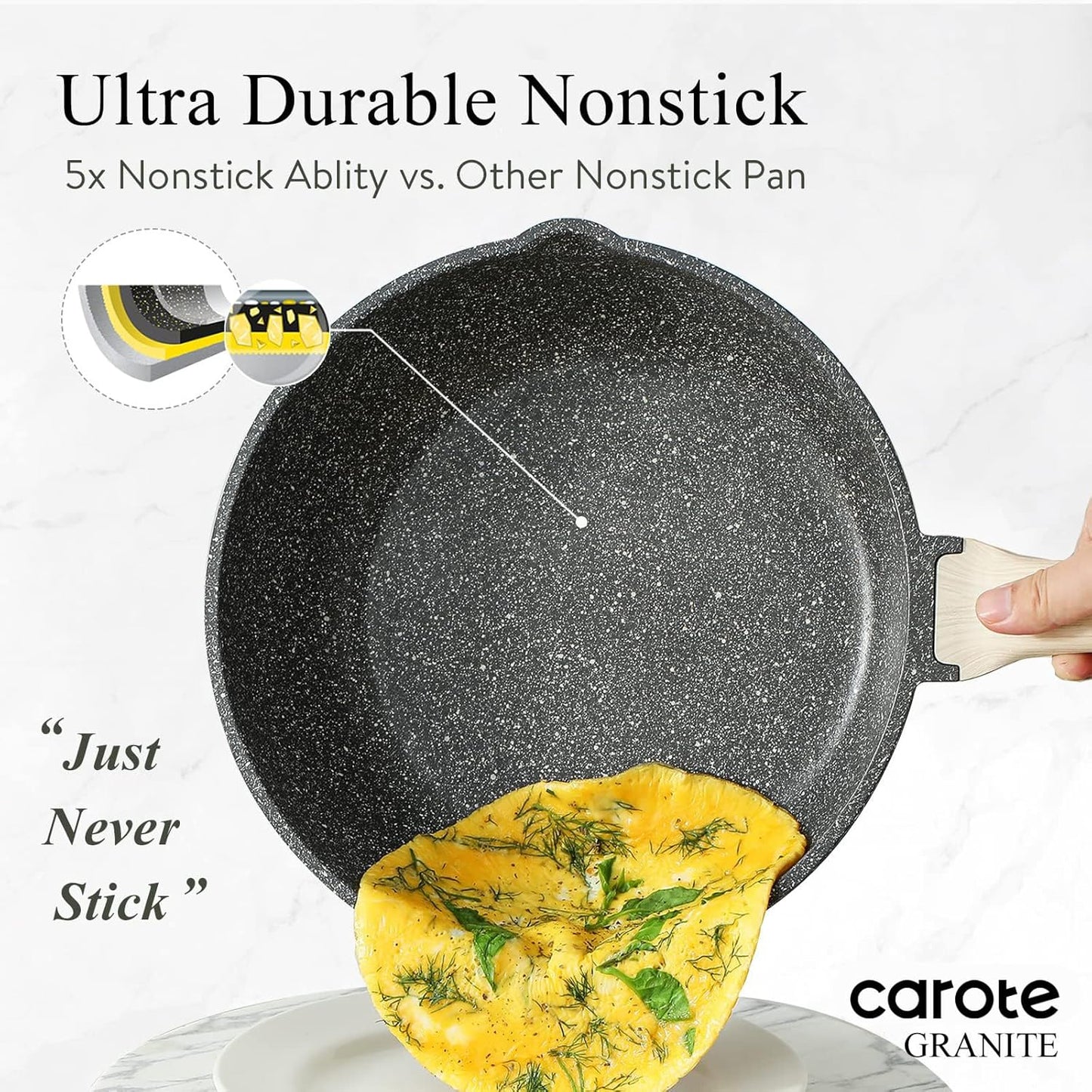 CAROTE 12Inch Nonstick Deep Frying Pan with Lid, 5.5 Qt Jumbo Cooker Saute Pan with Pour Spout, Skillet Induction Cookware, Non Stick Cooking Pan PFOA Free, Classic Granite