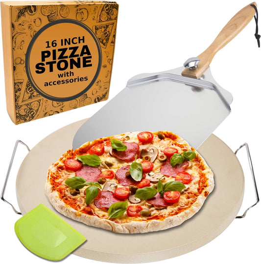 Round Pizza Stone for Oven 16 inch - Large Pizza Stone for Grill with Handles, Metal Pizza Peel & Dough Tool - Baking Stone for Bread - Oven Stones - Pizza Making Set