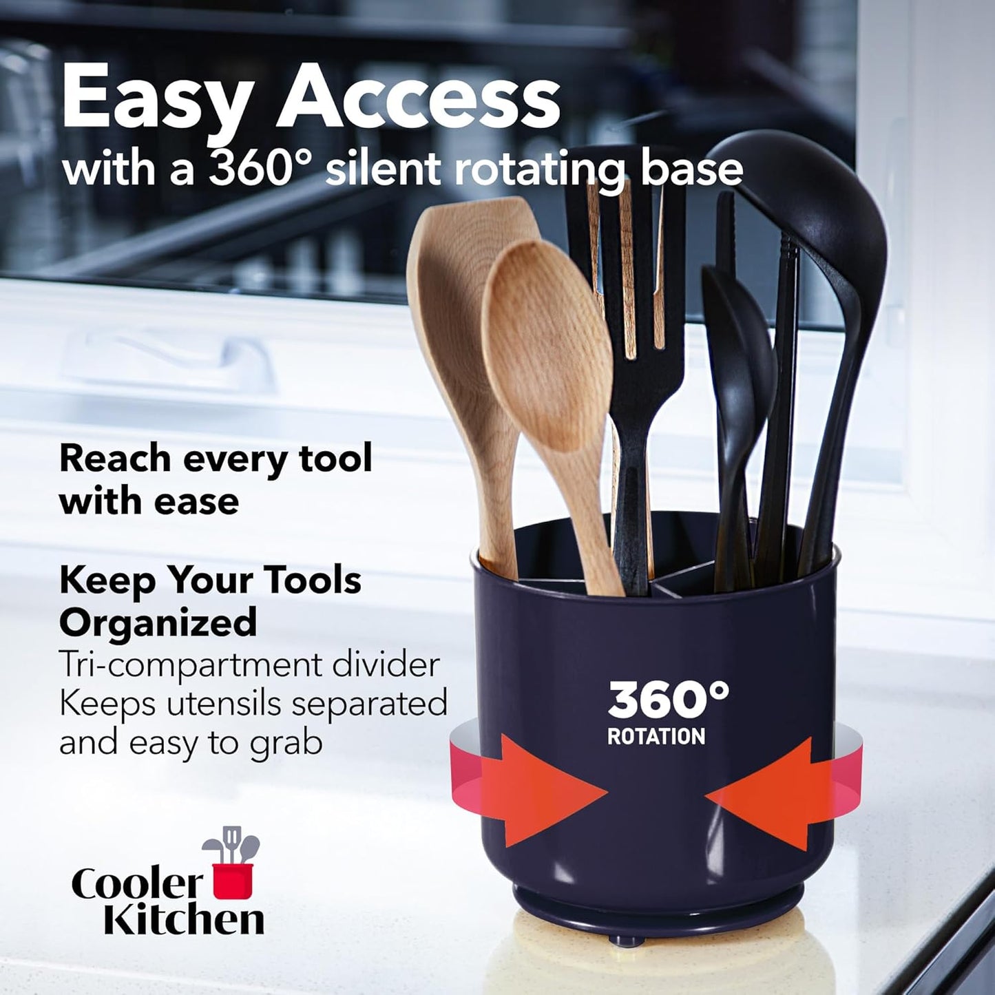 Plastic Rotating Extra Large Utensil Holder Crock with No-Tip Weighted Base, Removable Divider, And Gripped Insert - Dishwasher Safe Kitchen Utensil Holder For Kitchen Counter: Blue Utensil Caddy