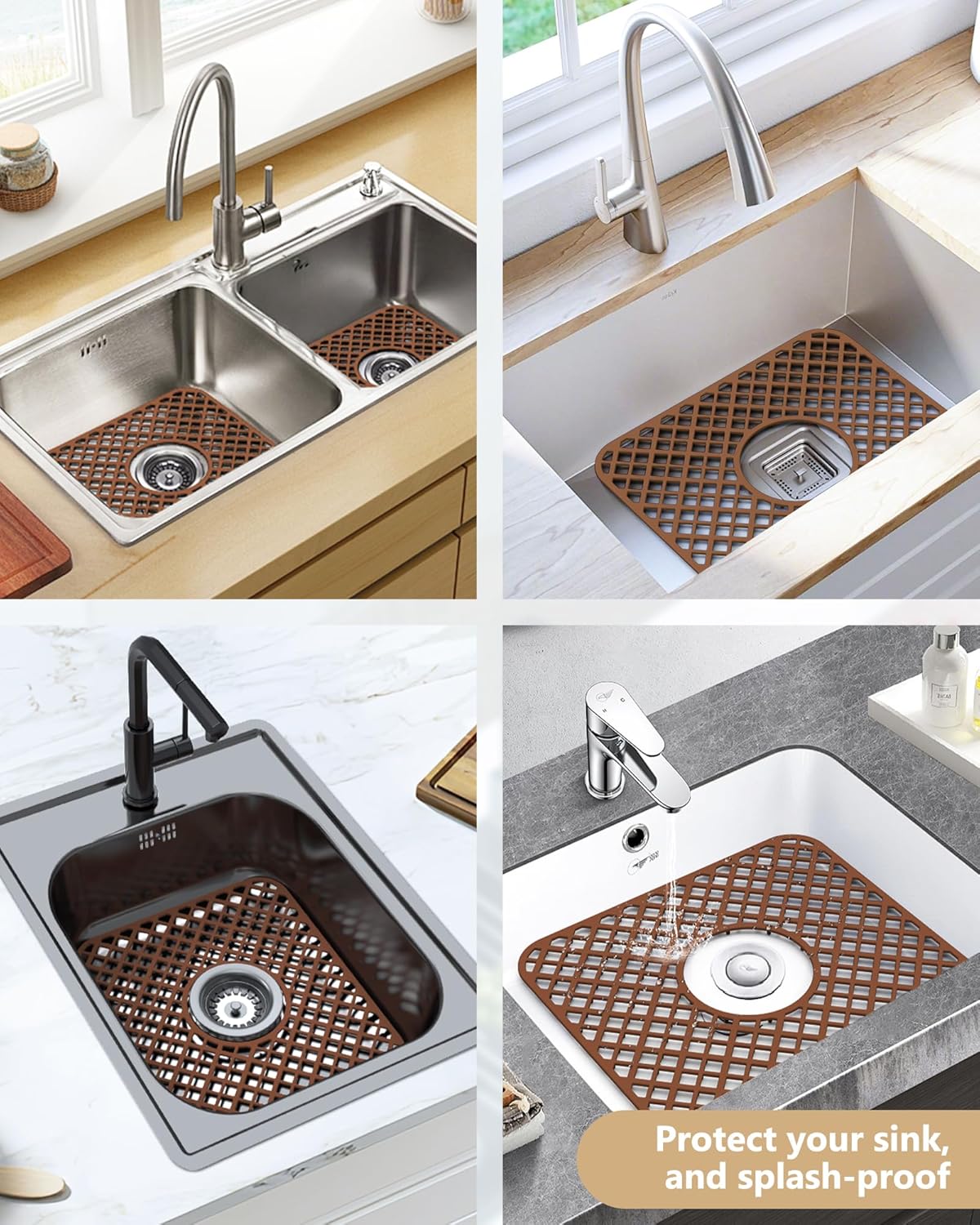 2 Pack Silicone Sink Protector for Kitchen Sink, Lozenge Pattern 13 x 11 inches Sink Grid Mat Silicone Protectors, Center Drain (Coffee)