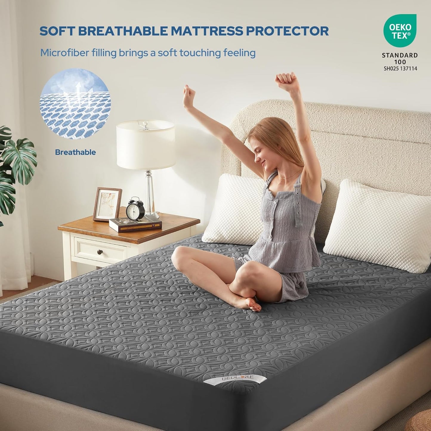BEDLORE Waterproof Mattress Protector, California King Size Mattress Pad with Deep Pocket 6"-18" Depth, Soft Noiseless Dirt-Proof Bed Mattress Cover Washable for Home, Bedroom, Hotel (Gray)