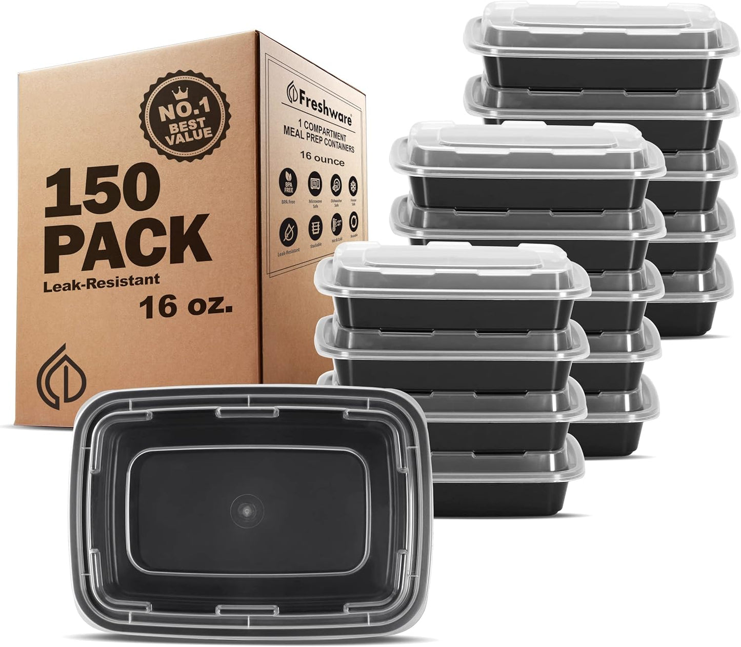 Freshware Meal Prep Containers 1 Compartment Food Storage Containers with Lids, Bento Box, BPA Free, Stackable, (16 oz), 150 count (Pack of 1)