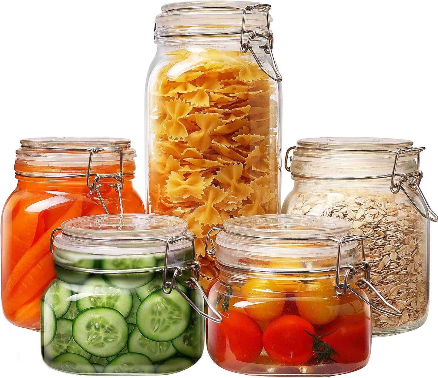 Multi Size - 5 Pack Square Glass Jars with Airtight Lid, Wide Mouth Mason Jars with Clamp Lids, Air Tight Glass Canisters, Best Food Storage Containers for Cereal, Pasta, Rice, Sugar, Coffee, Spice