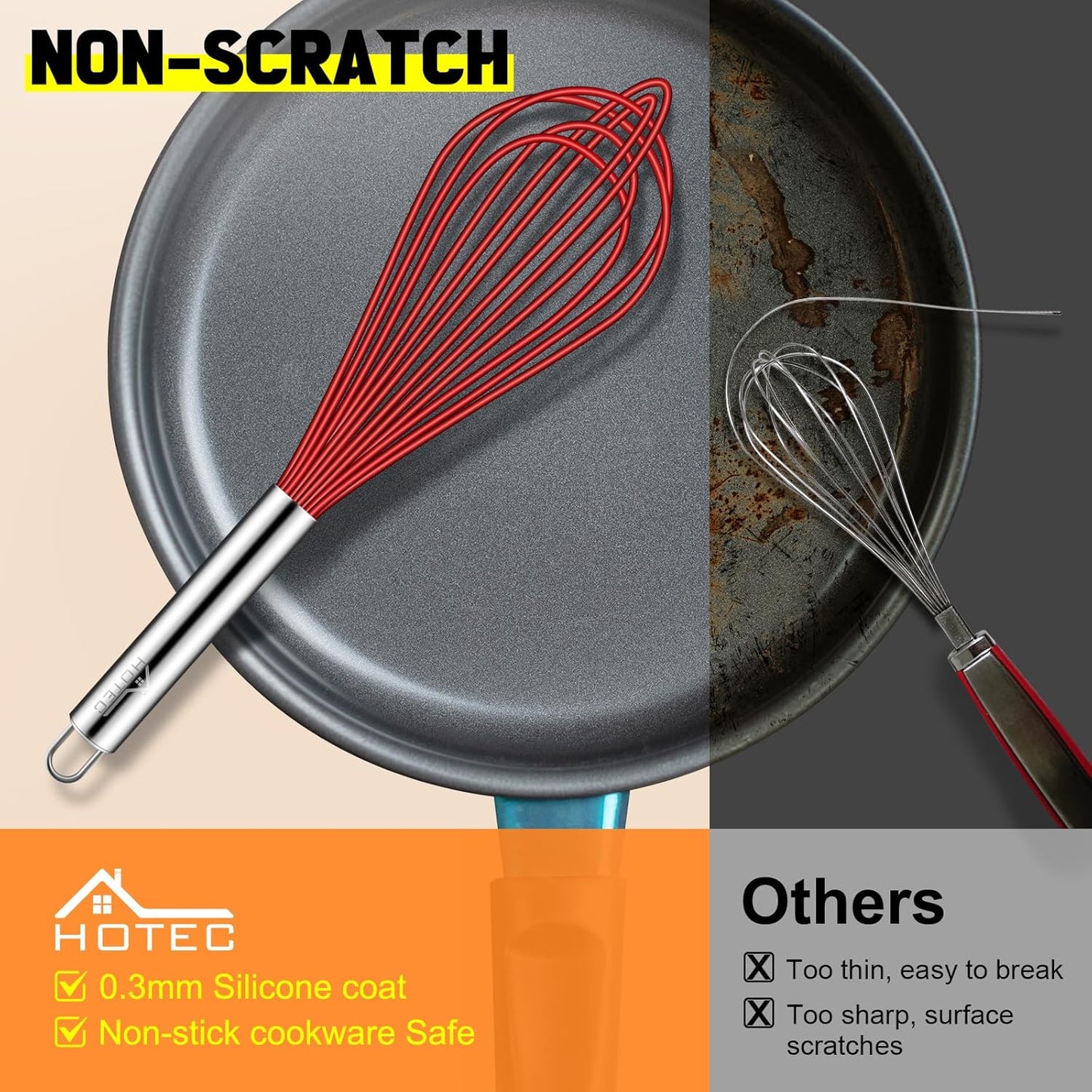 HOTEC 4 Pieces Silicone Whisks Set, Wire Balloon Whisks Egg Beater, Non-slip Handle Whisk for Non-stick Cookware Perfect for Cooking, Stirring, Beating and Blending (Red)